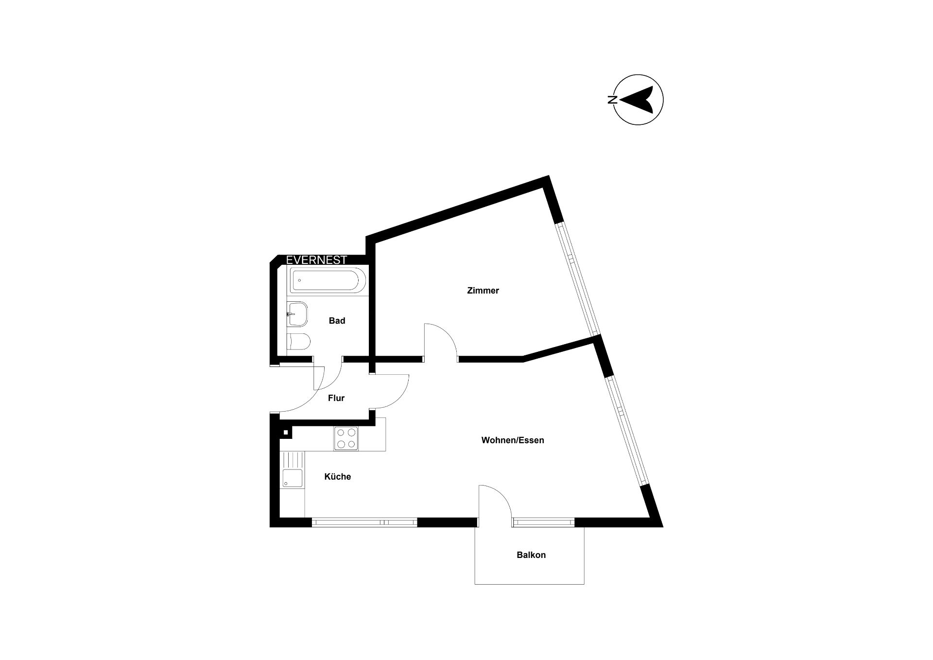 Grundriss einer Wohnung mit Bad, Flur, Küche, Zimmer, Wohnbereich und Balkon.