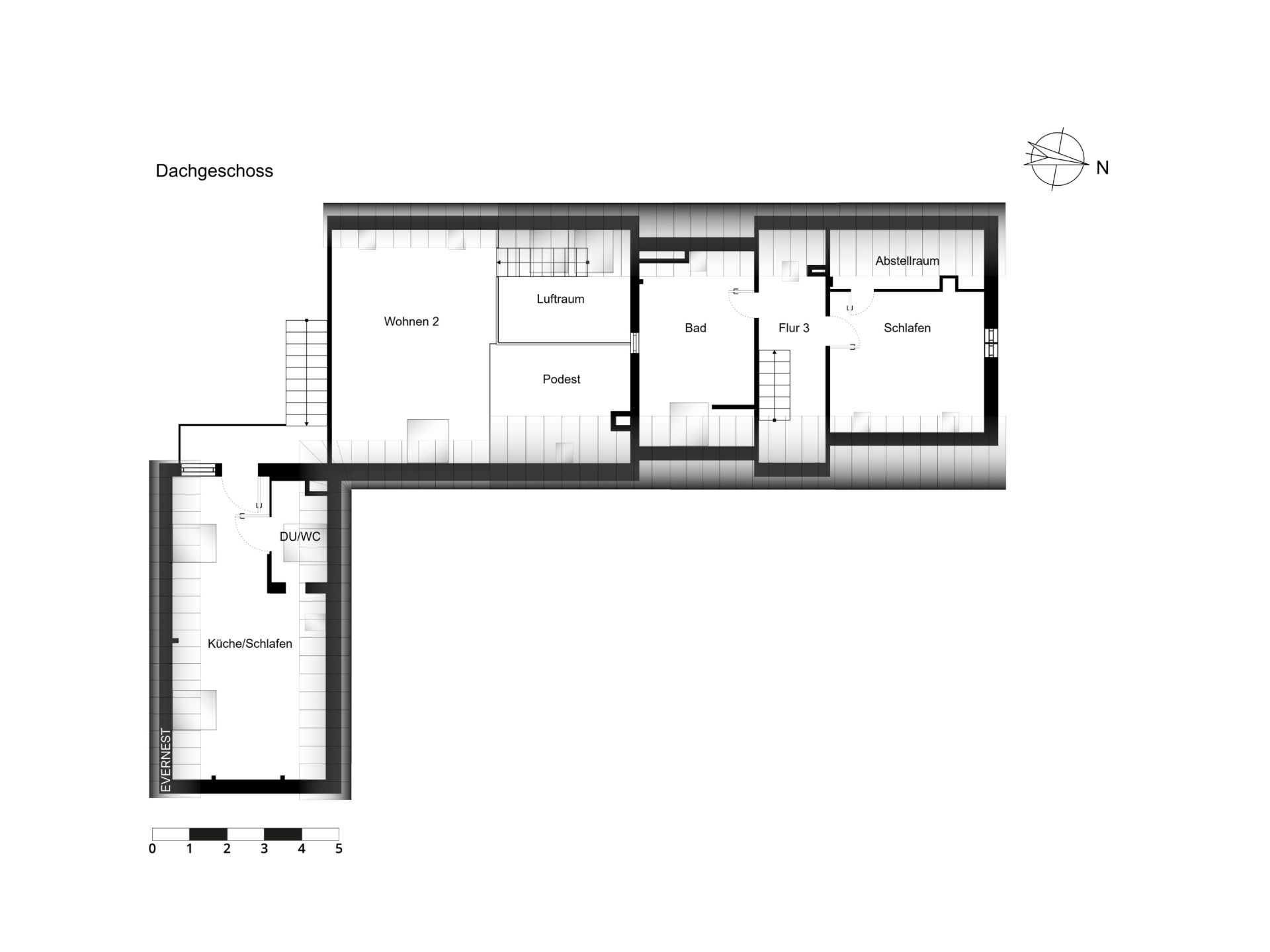 Grundriss eines Dachgeschosses mit Wohn-, Schlaf-, Bad- und Küchenbereichen.
