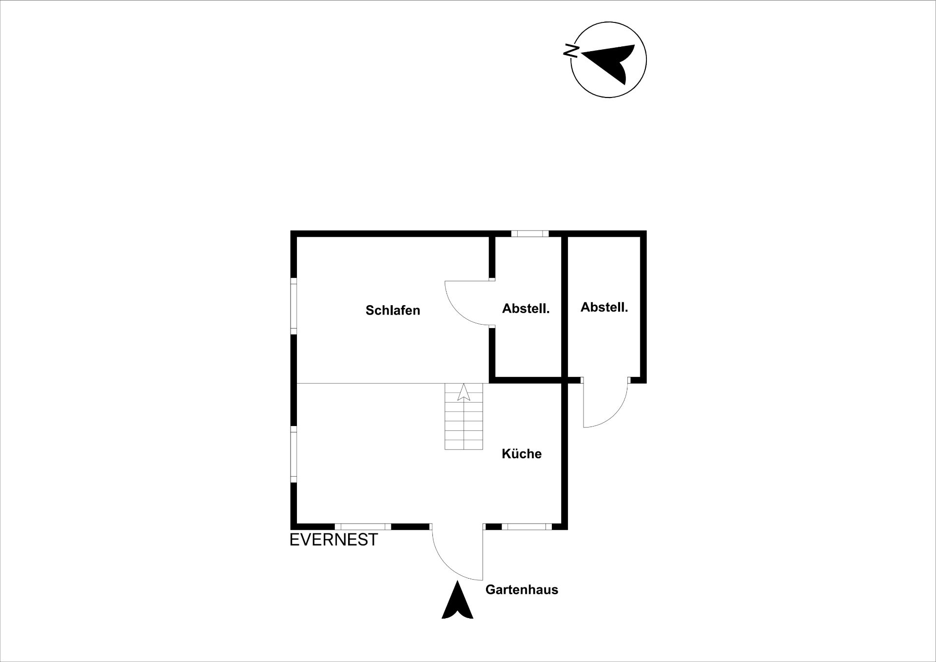 Grundriss mit Schlafzimmer, Küche und zwei Abstellräumen, Eingang unten gekennzeichnet.
