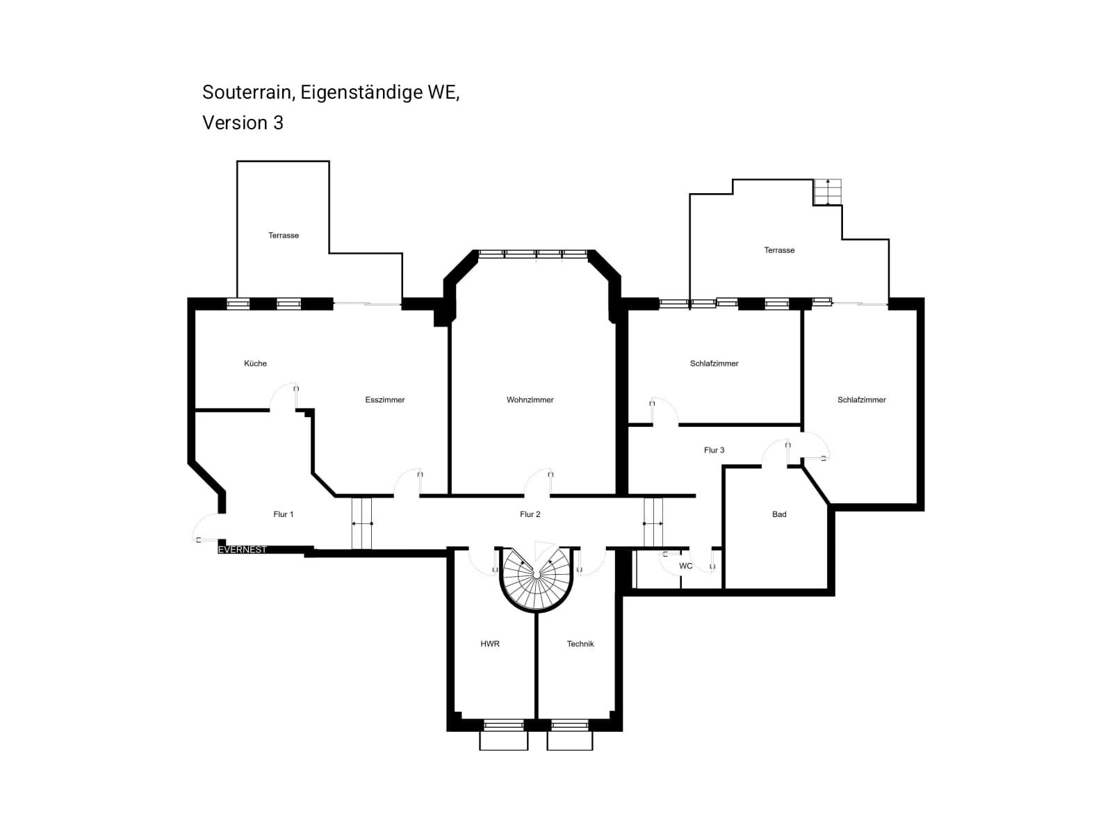 Grundriss einer Wohnung mit Wohnzimmer, Küche, Schlafzimmern, Bädern und zwei Terrassen.