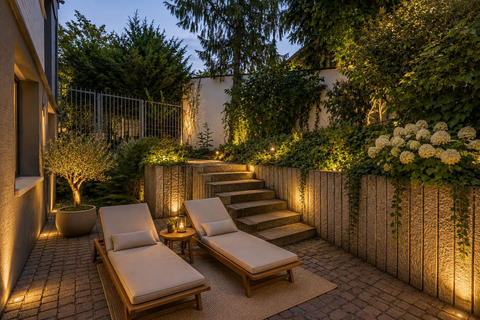 Beleuchtete Terrasse mit zwei Liegestühlen, Treppe und bepflanztem Hang am Abend.