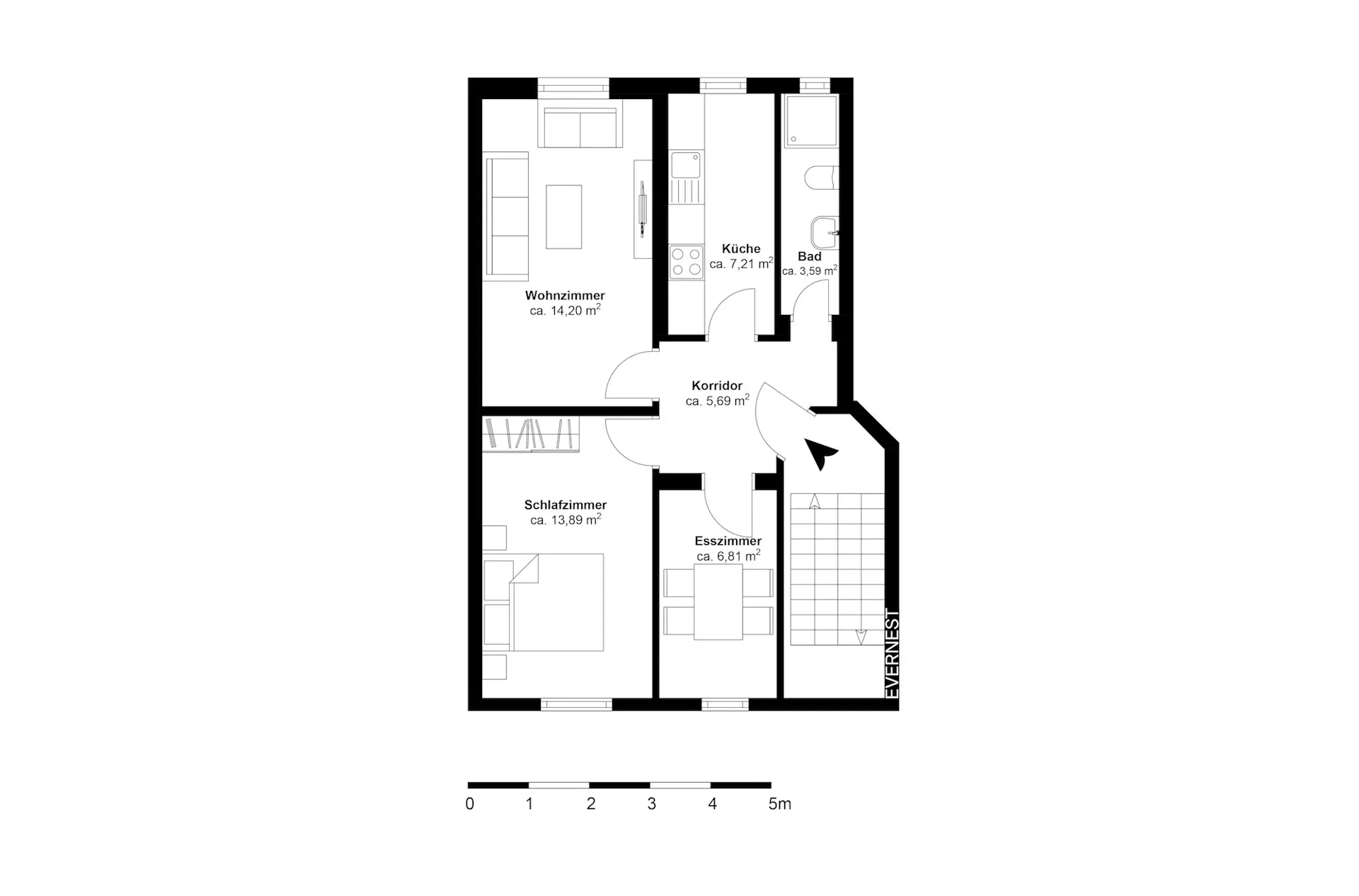 Grundriss einer Wohnung mit Wohnzimmer, Schlafzimmer, Esszimmer, Küche und Bad.