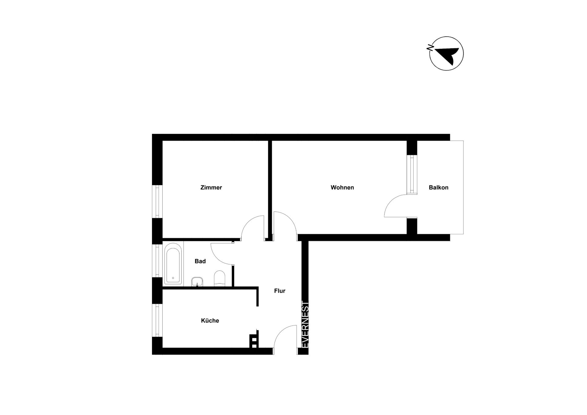 Grundriss einer Wohnung mit Zimmer, Wohnzimmer, Küche, Bad, Flur und Balkon.