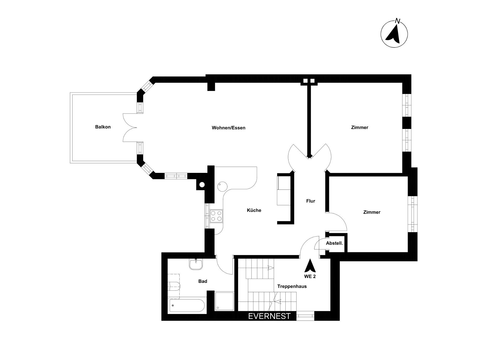 Grundriss einer Wohnung mit Balkon, zwei Zimmern, Bad, Küche, Flur und Abstellraum.