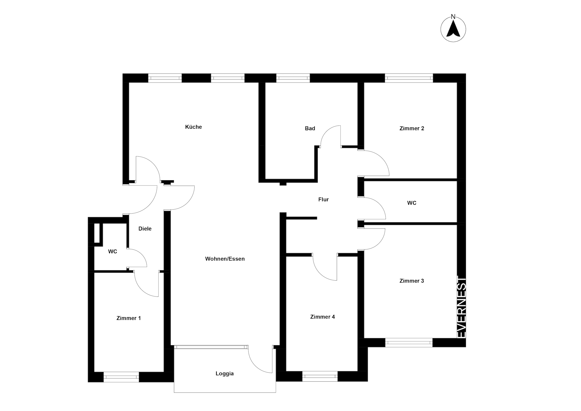 Grundriss einer Wohnung mit vier Zimmern, Küche, Bad, zwei WCs, Loggia und Flur.