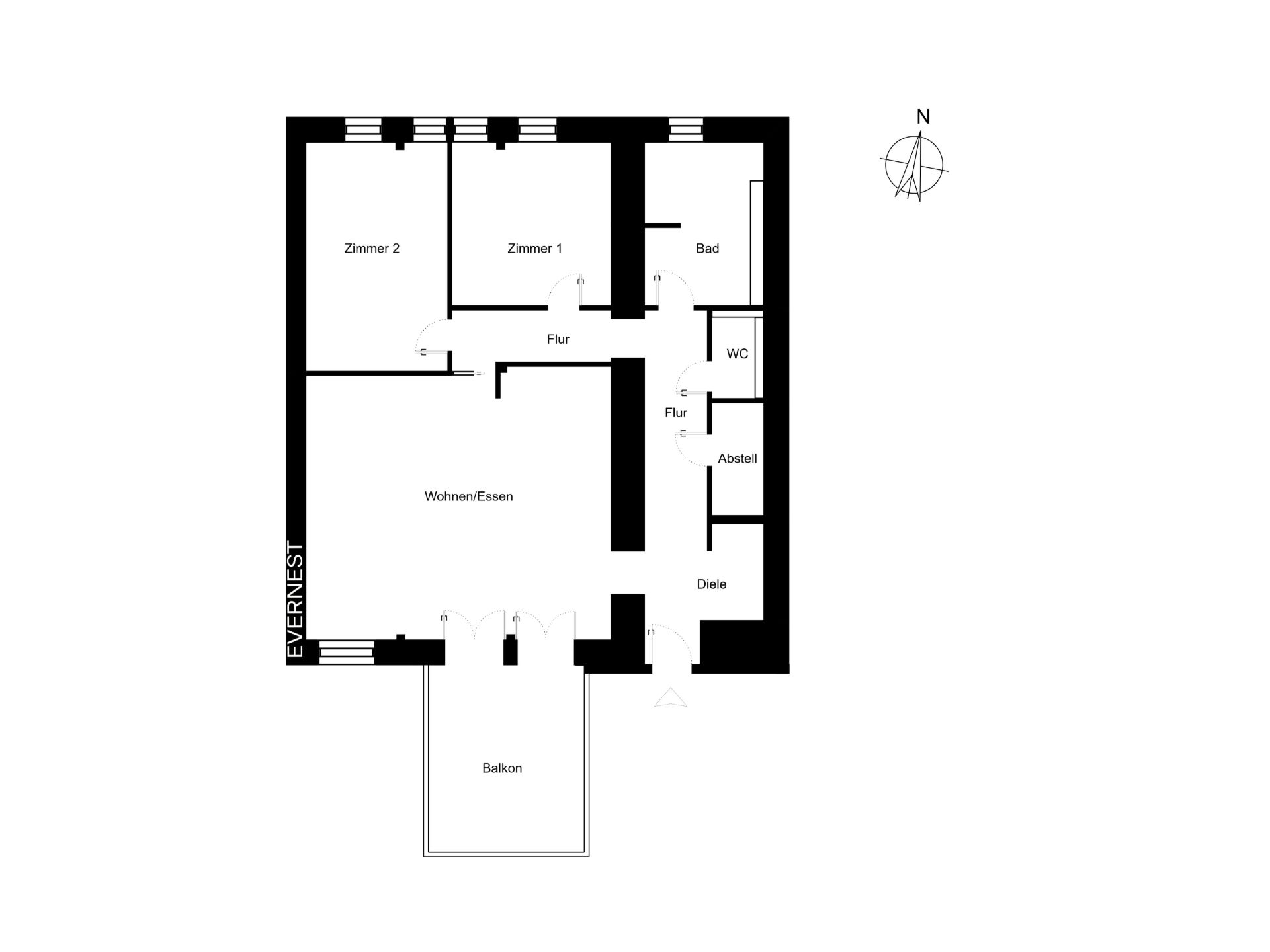 Grundriss einer Wohnung mit zwei Zimmern, Wohnraum, Bad, WC, Abstellraum und Balkon.