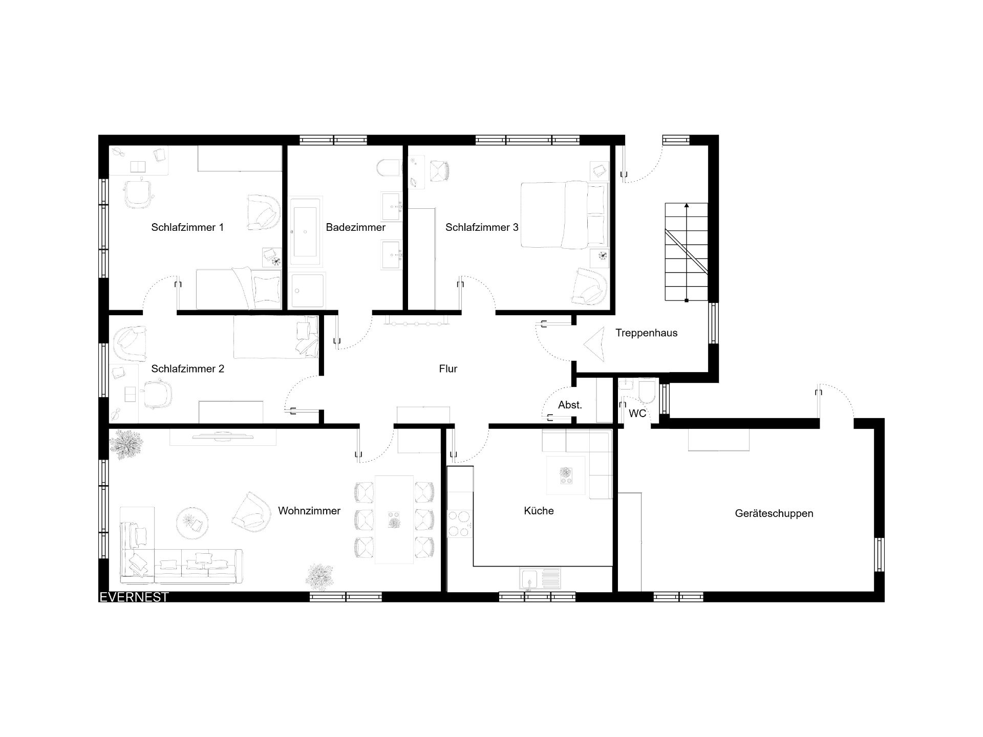 Grundriss einer Wohnung mit drei Schlafzimmern, Wohnzimmer, Küche, Bad und Geräteschuppen.