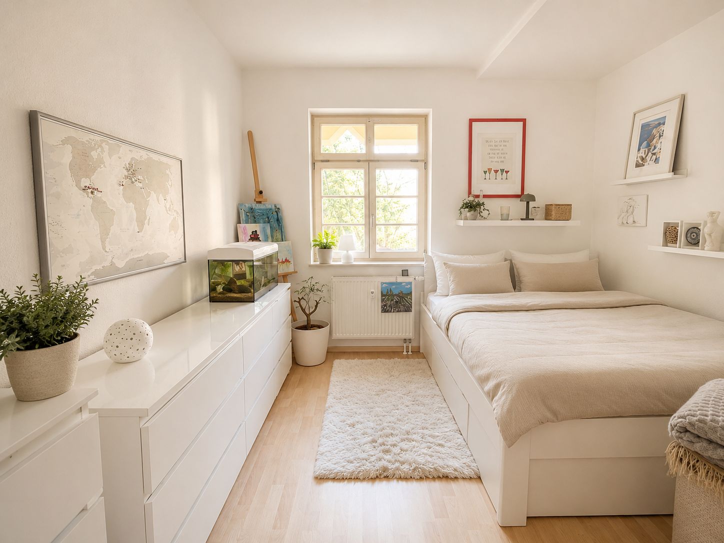 Helles Schlafzimmer mit Doppelbett, Kommode, Teppich und Fenster, dekoriert mit Pflanzen und Bildern.