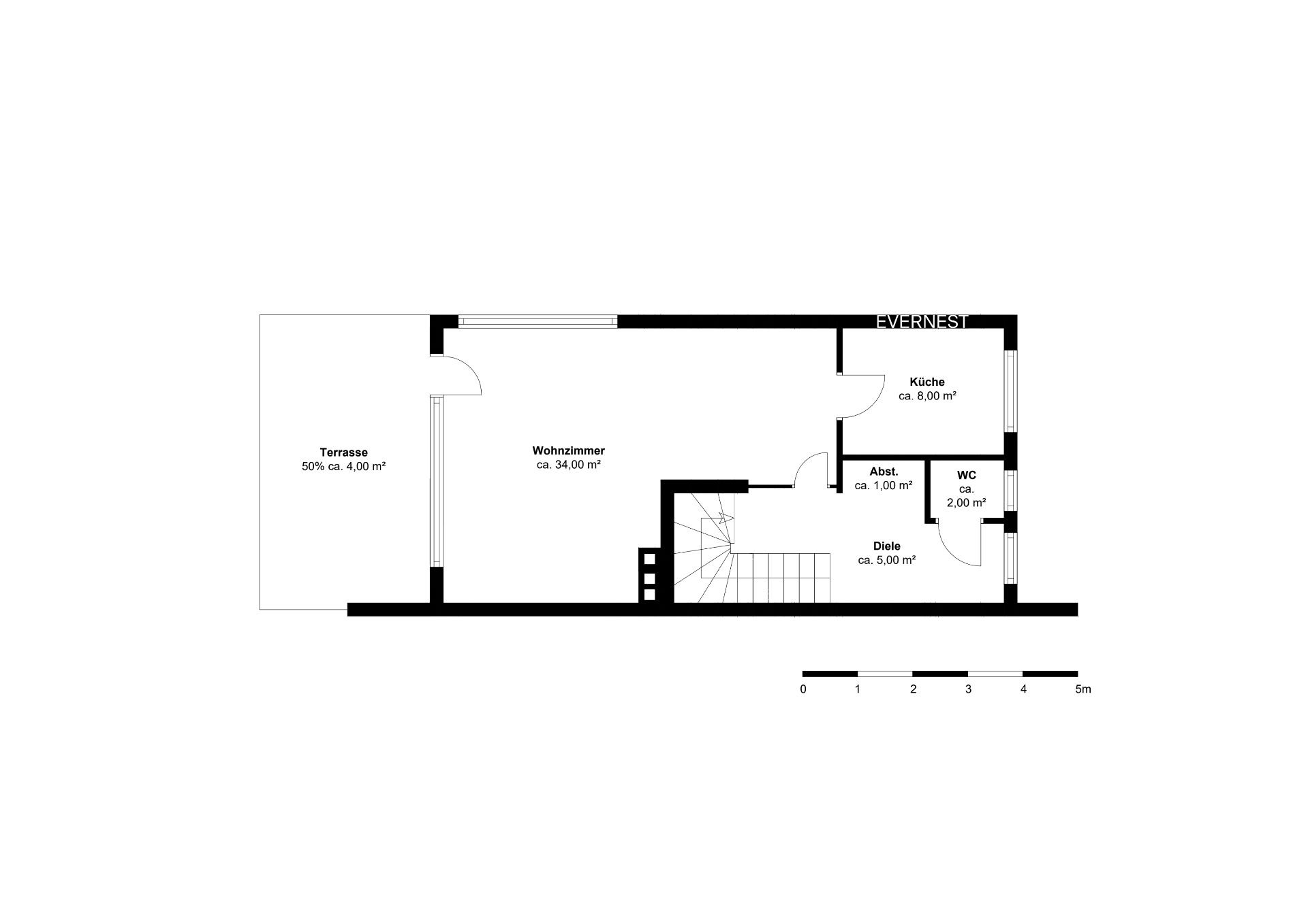 Grundriss zeigt Wohnzimmer, Küche, Diele, WC, Abstellraum und Terrasse.