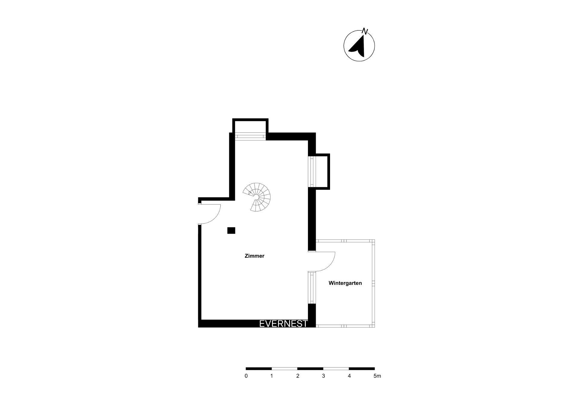Grundriss mit einem Zimmer, Wintergarten und Wendeltreppe.