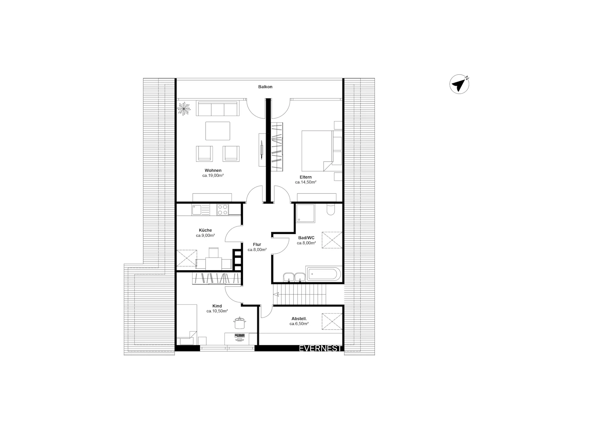 Wohnungsgrundriss mit Wohnzimmer, Küche, Bad, Eltern-, Kinderzimmer, Abstellraum und Balkon.