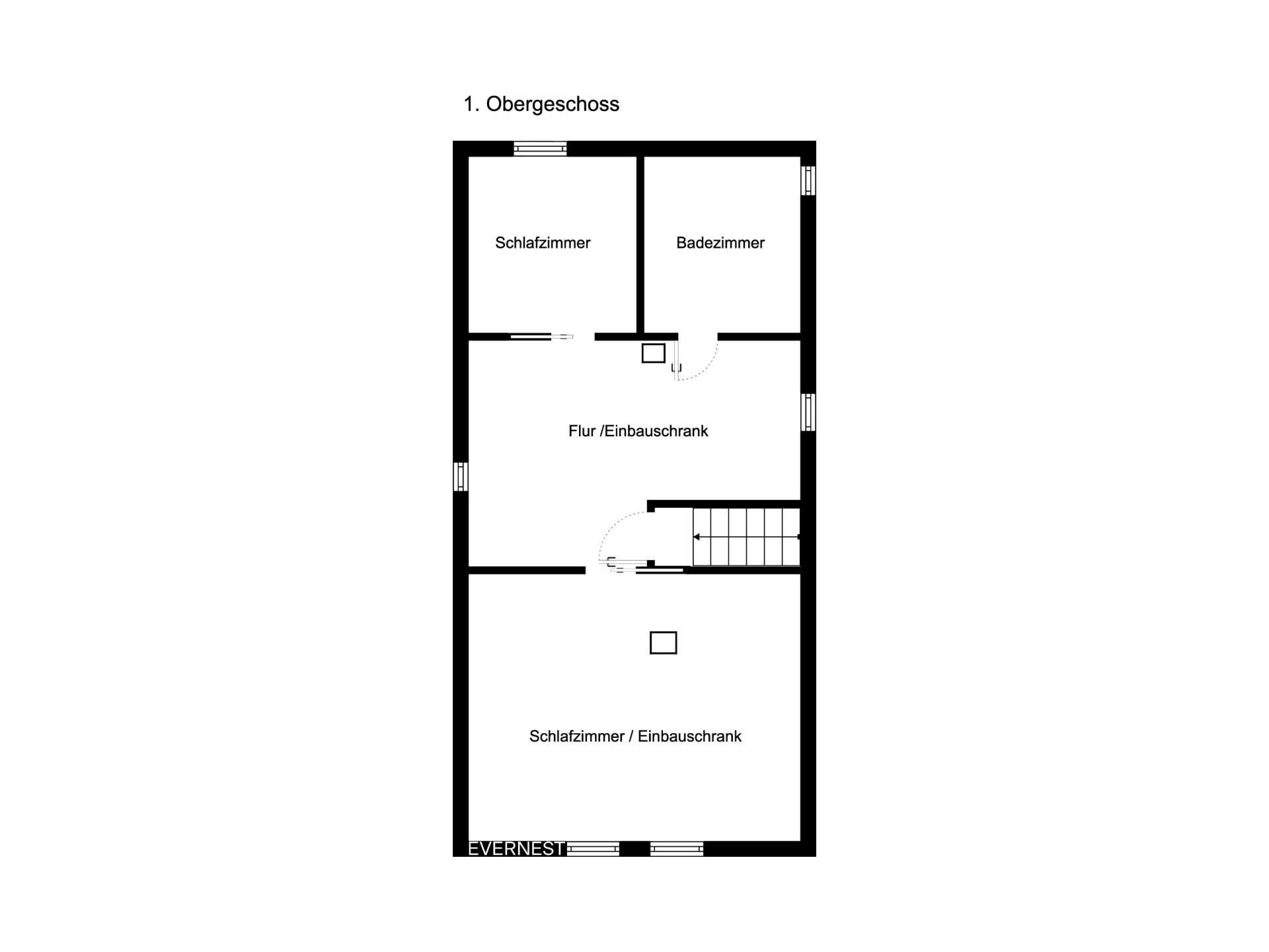 Grundriss des ersten Obergeschosses mit zwei Schlafzimmern, Badezimmer und Flur.