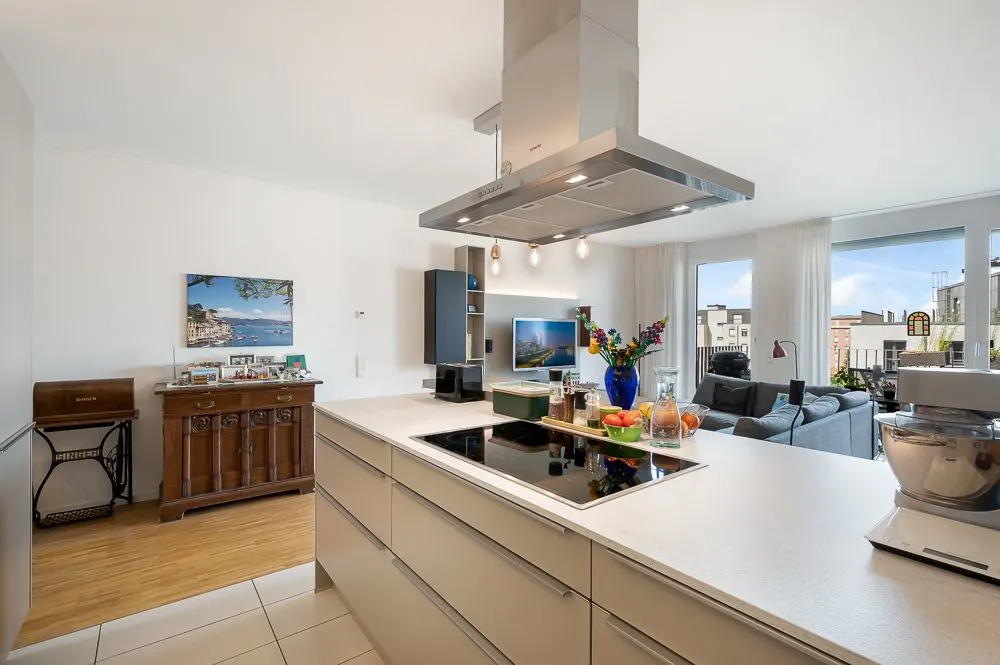 Moderne offene Küche mit Kochinsel, Wohnzimmer im Hintergrund und großen Fenstern.