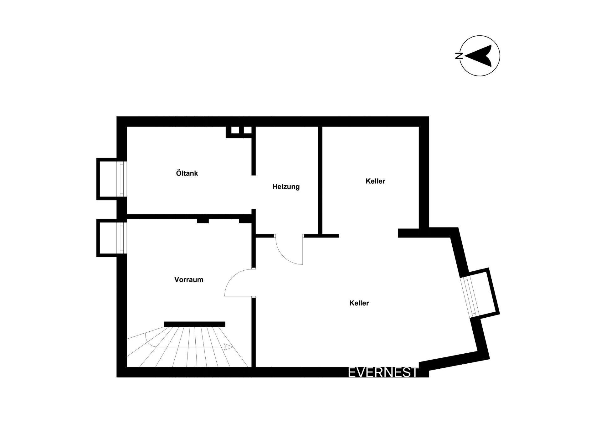 Grundriss eines Kellers mit Vorräumen, Heizungsraum, Öltank und zwei Kellerräumen.