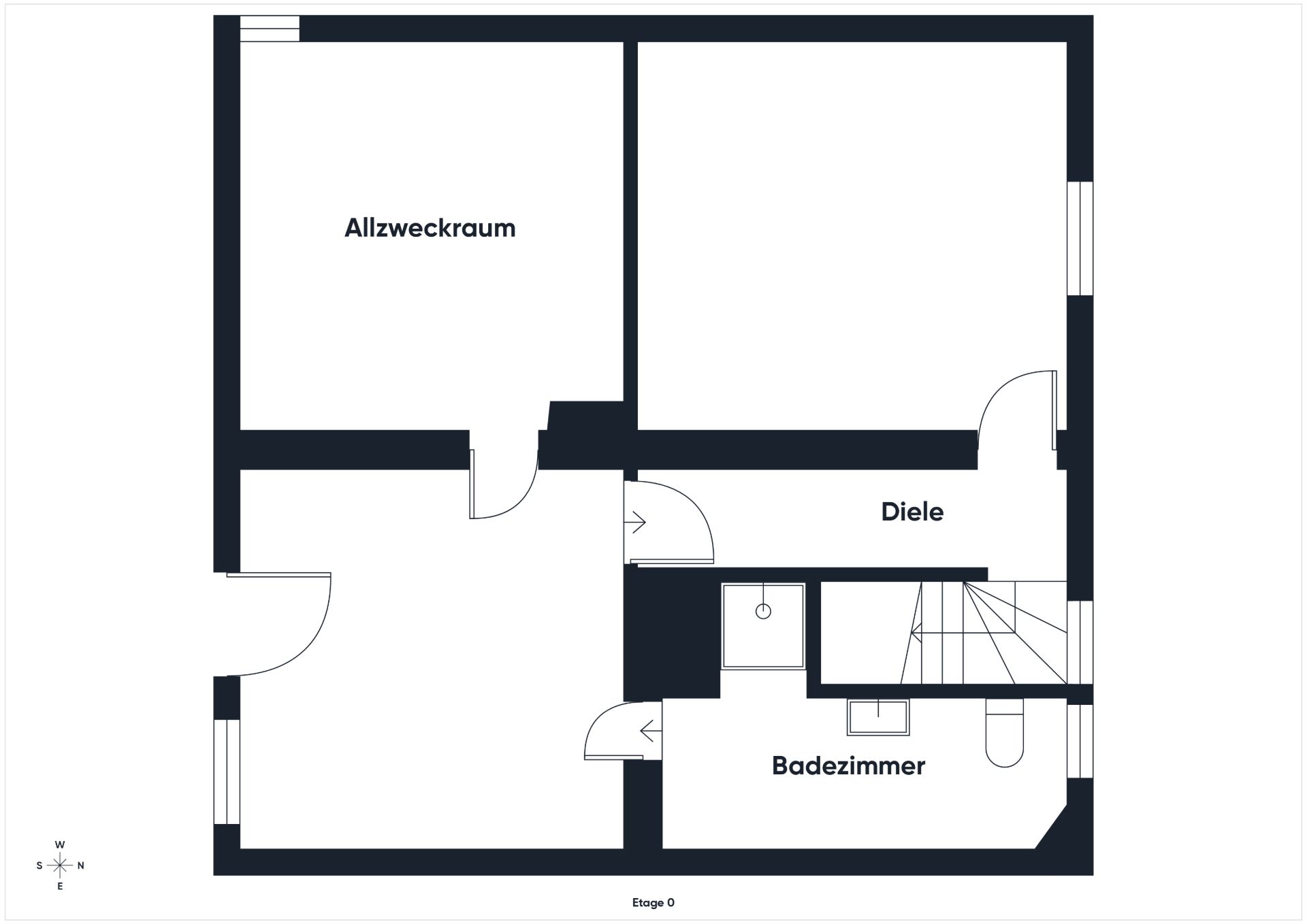 Grundriss mit Allzweckraum, Diele, Badezimmer und weiteren Räumen.