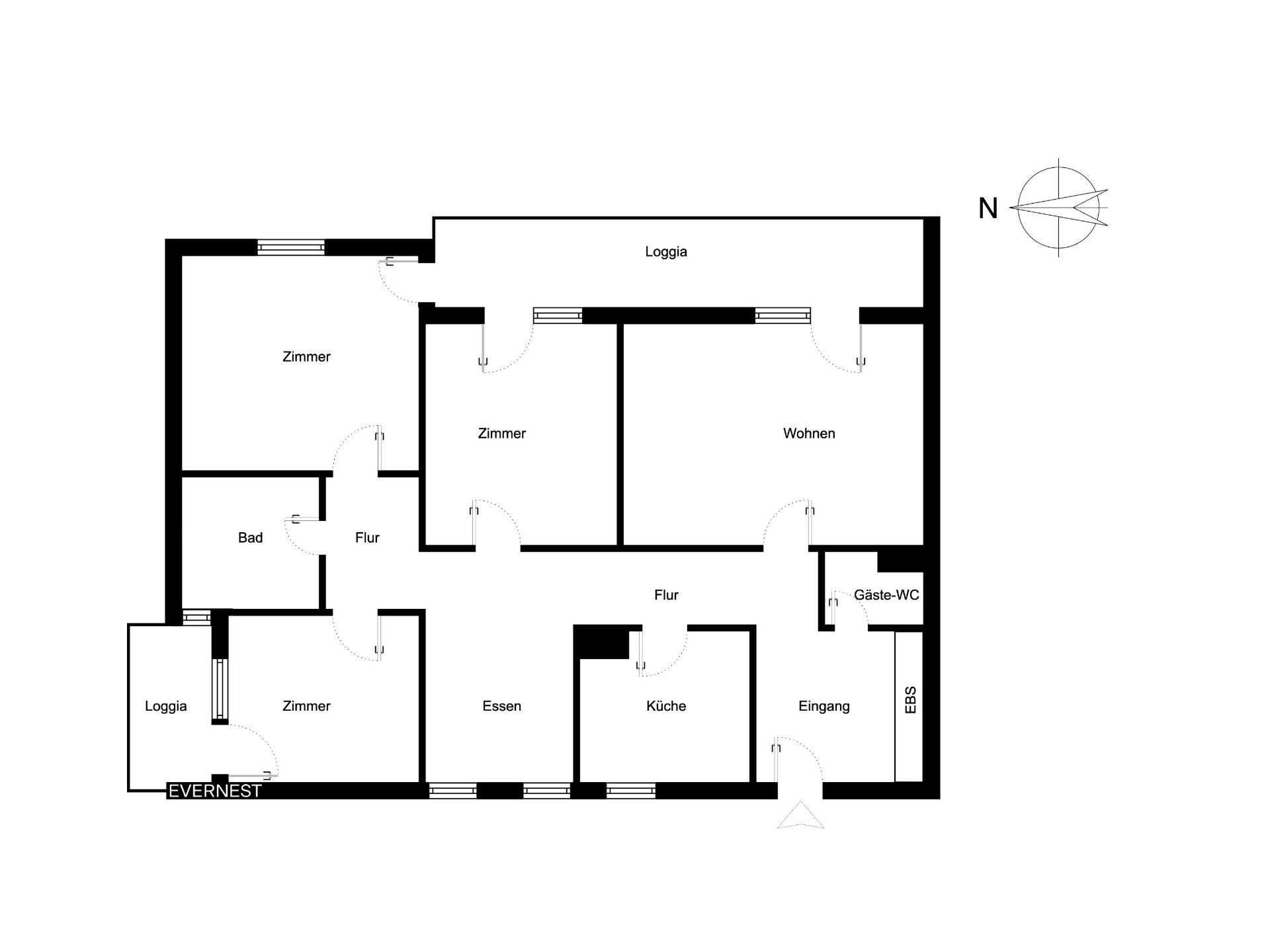 Grundriss einer Wohnung mit mehreren Zimmern, Küche, Bad, zwei Loggien und Fluren.
