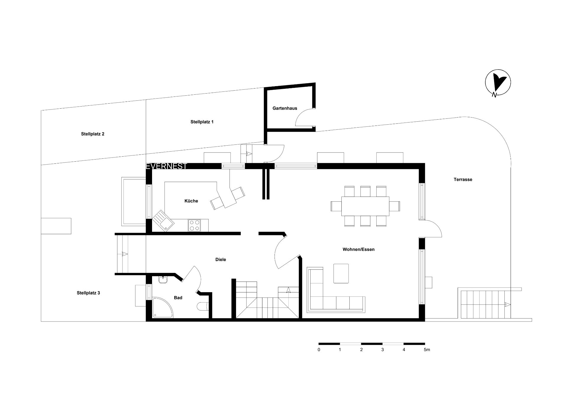 Grundriss einer Wohnung mit Küche, Bad, Wohn-/Essbereich, Diele und Terrasse.