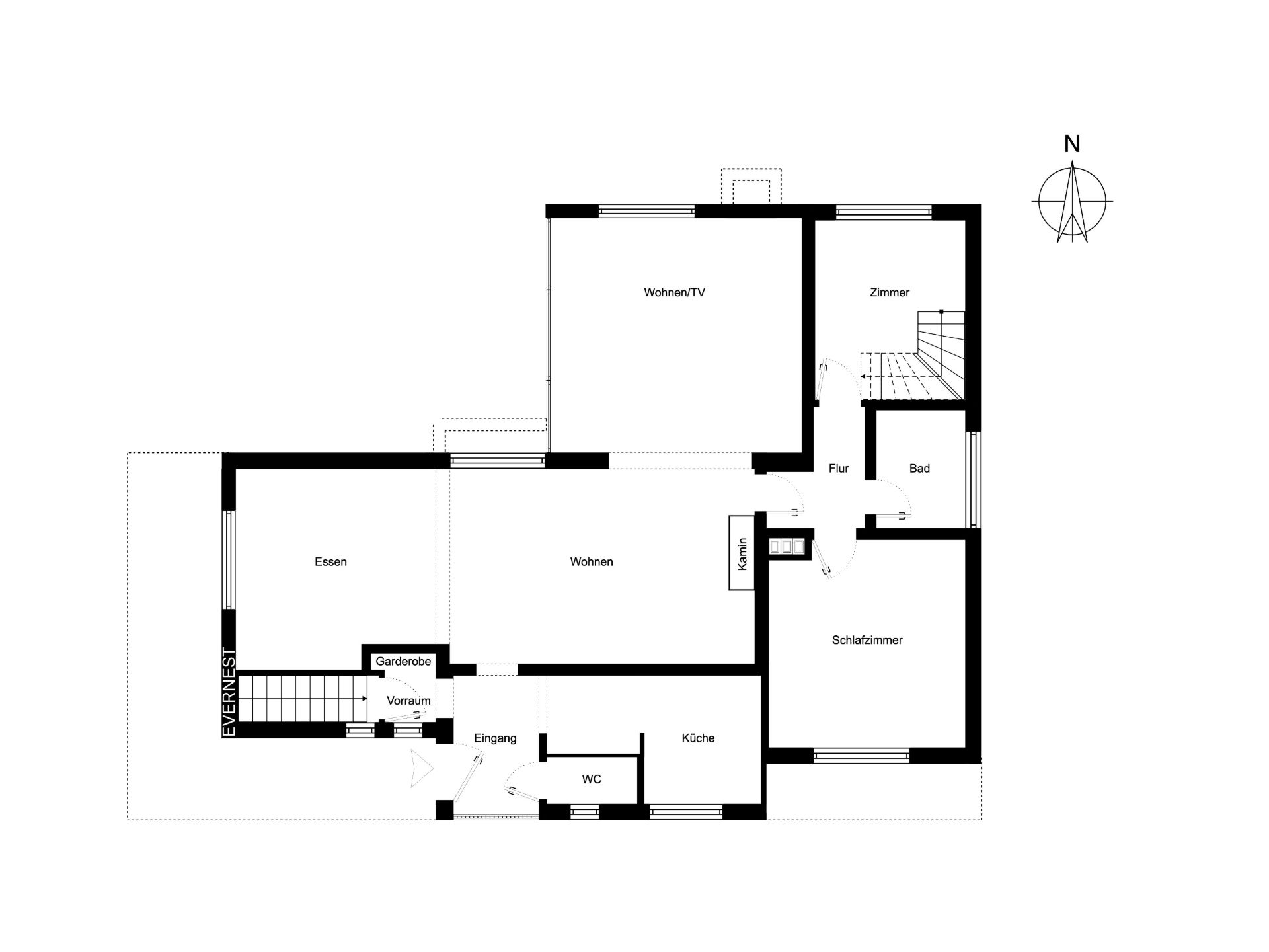 Schwarz-weißer Grundriss eines Wohnhauses mit beschrifteten Zimmern und Kompassnadel.