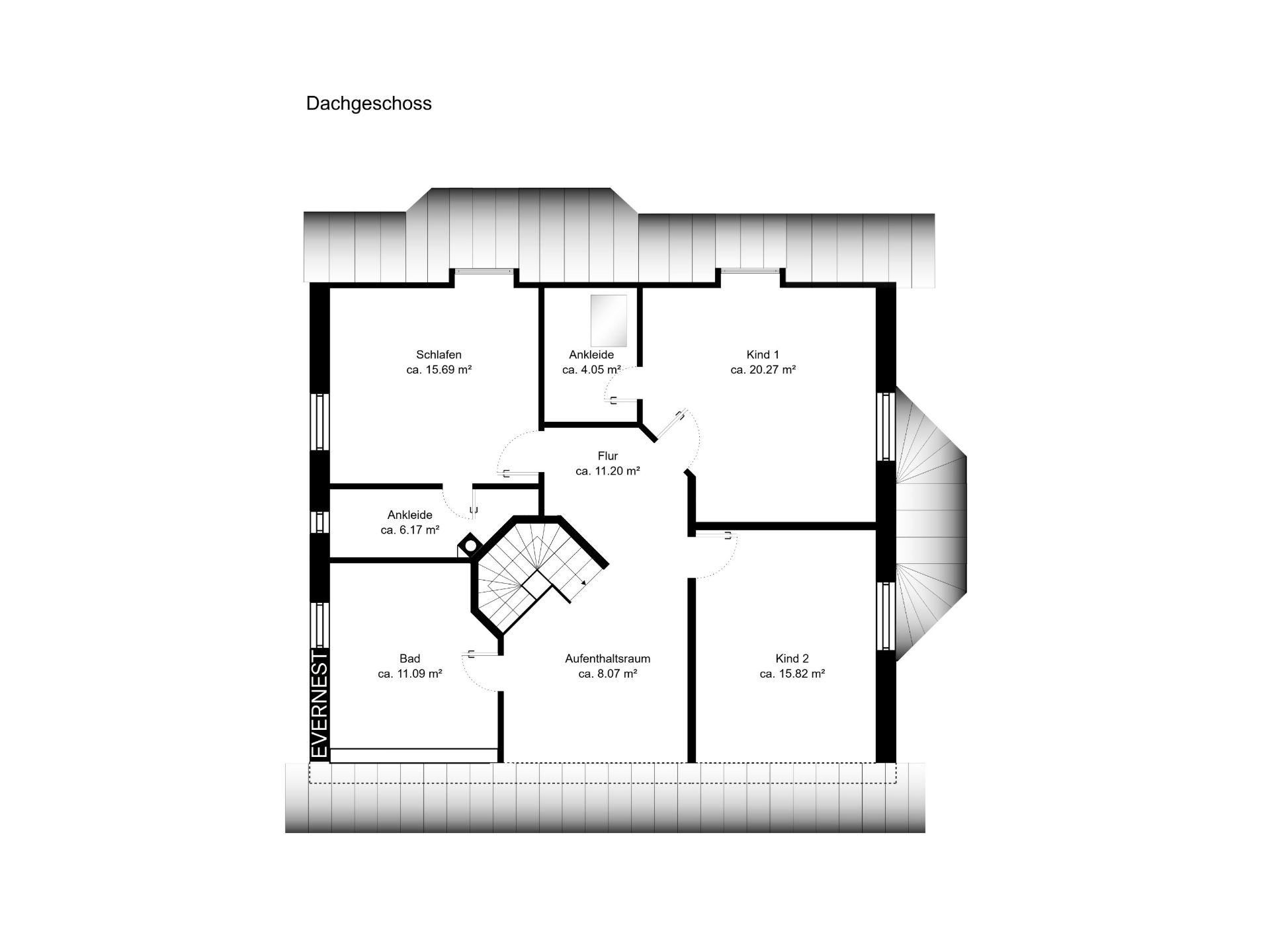 Grundriss des Dachgeschosses mit Schlafzimmer, zwei Kinderzimmern, Bad und Aufenthaltsraum.