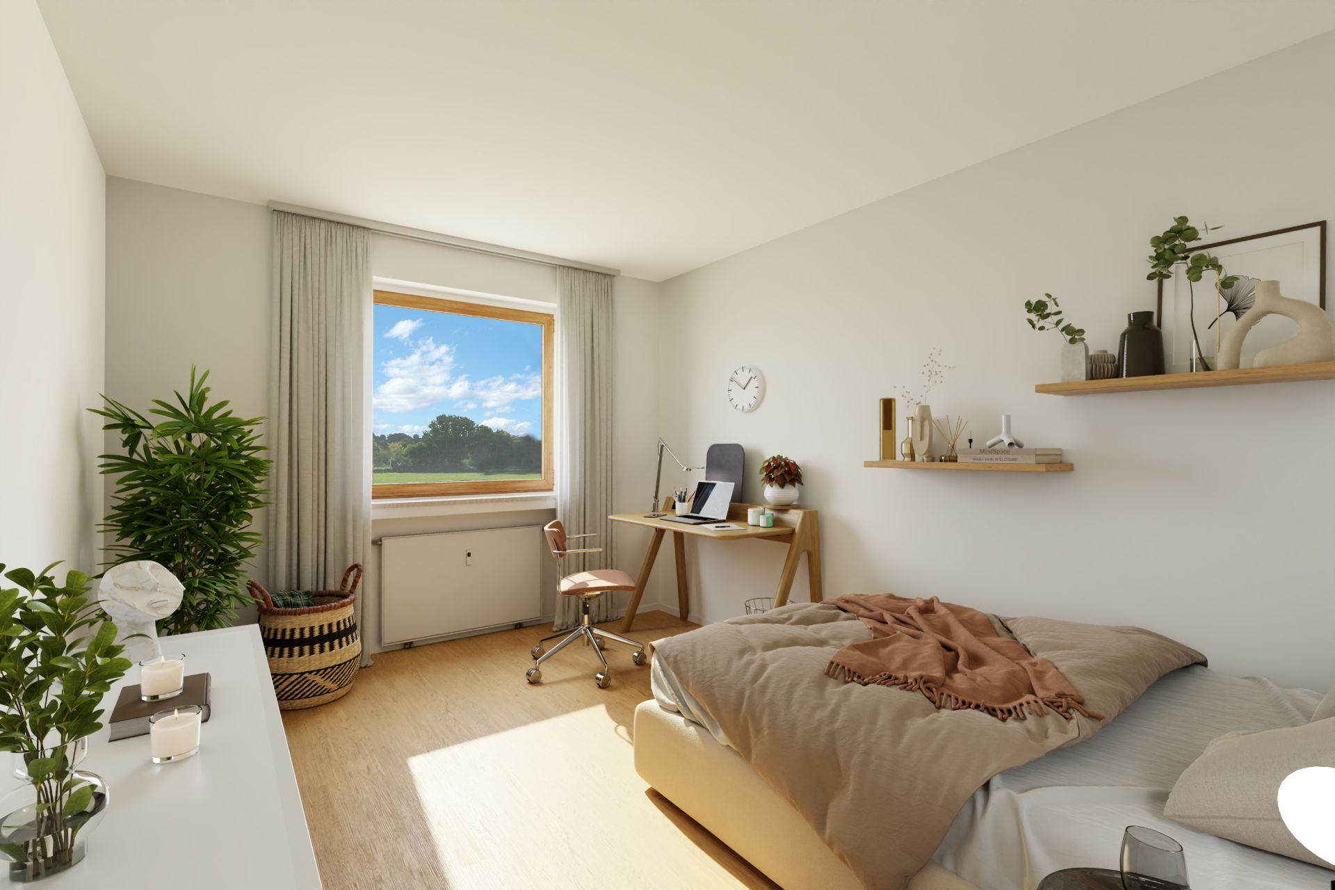 Helles Schlafzimmer mit Schreibtisch, Bett und Pflanzen, Fenster mit Blick ins Grüne.