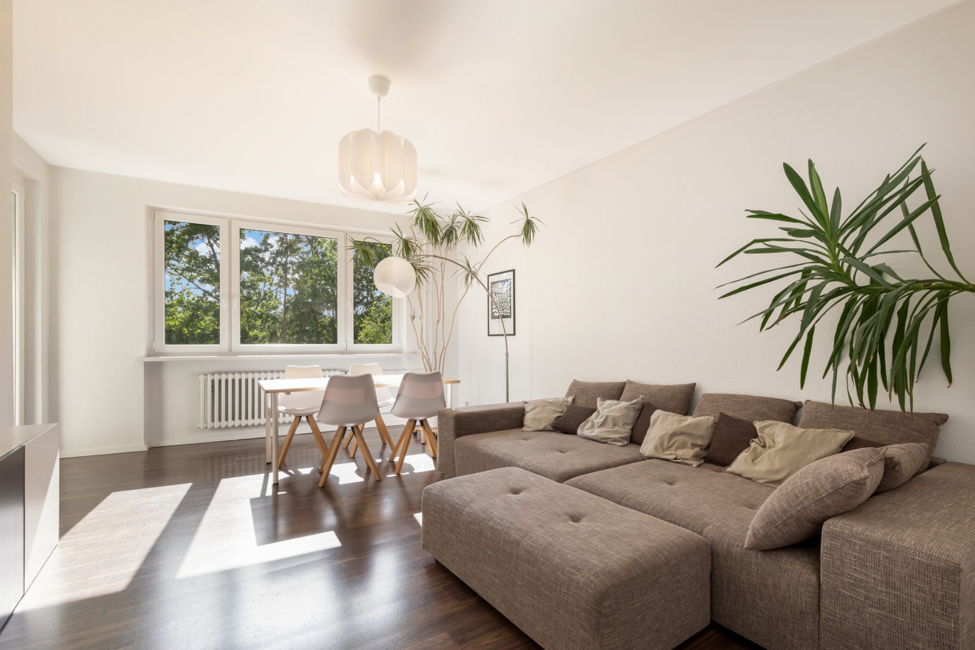 Helles Wohnzimmer mit großer Eckcouch, Esstisch, Stühlen und Zimmerpflanzen.