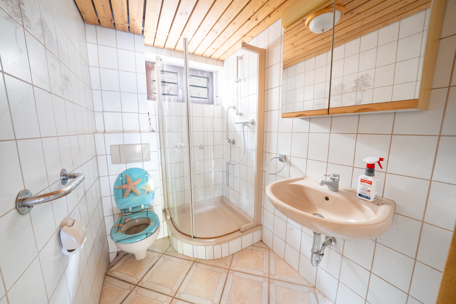 Kleines Badezimmer mit Dusche, Toilette, Waschbecken und Spiegelschrank.