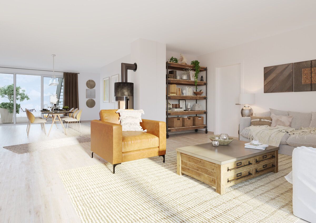 Helles Wohnzimmer mit Ledersessel, Sofa, Holztisch und Regal, Essbereich im Hintergrund.