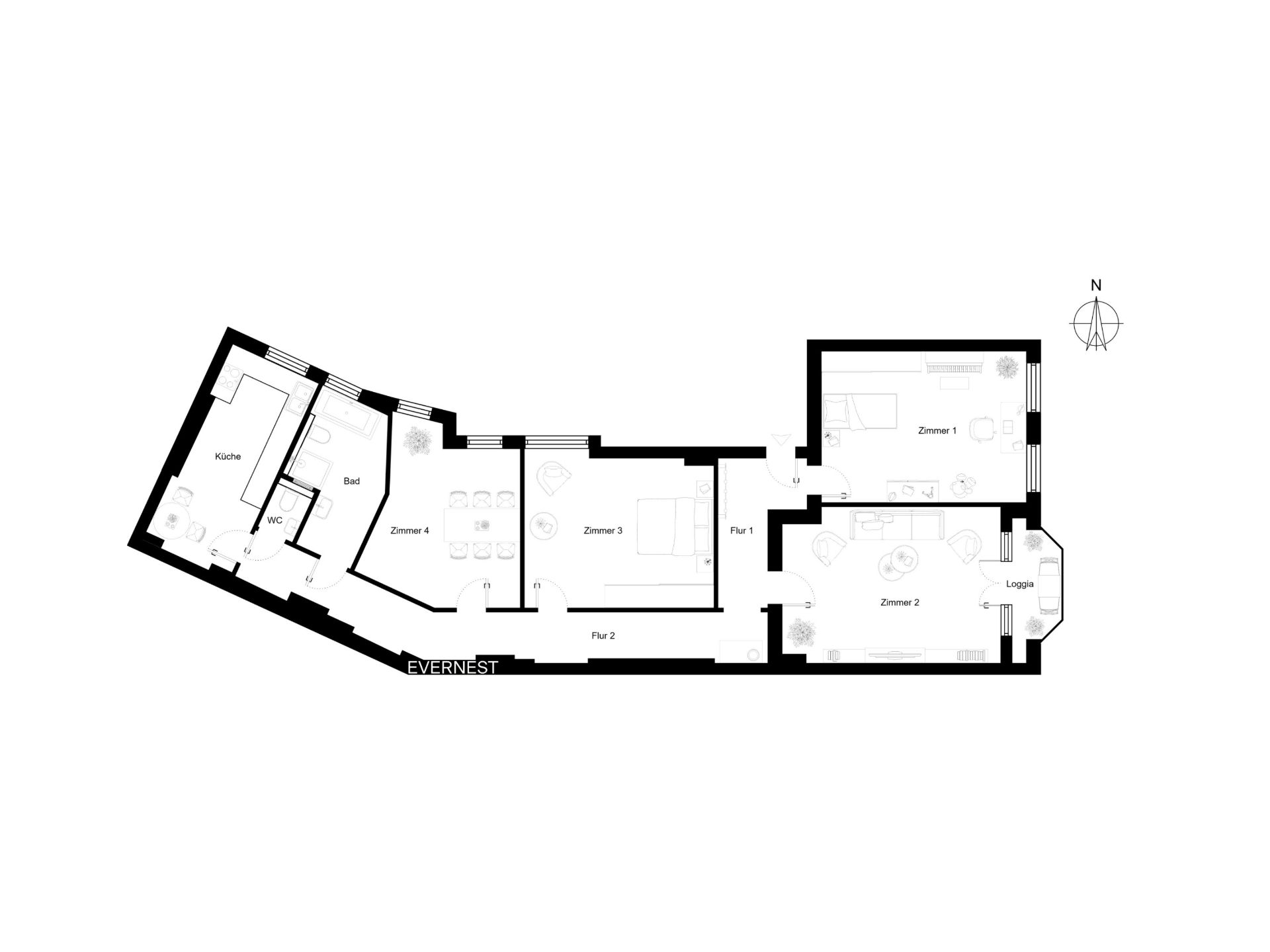 Grundriss einer Wohnung mit vier Zimmern, Küche, Bad, WC und Loggia.