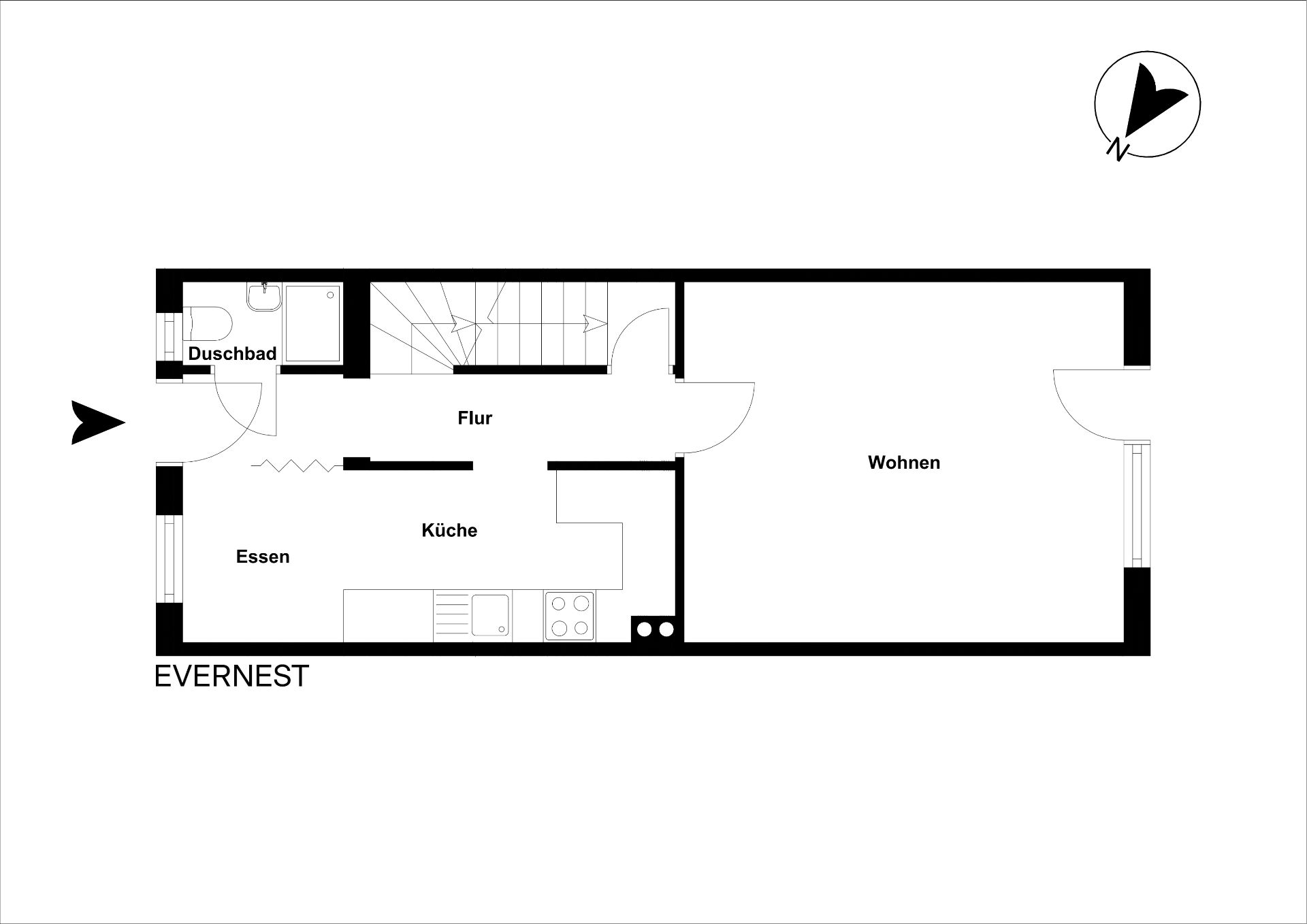 Grundriss einer Wohnung mit Duschbad, Flur, Küche, Essen und Wohnen.