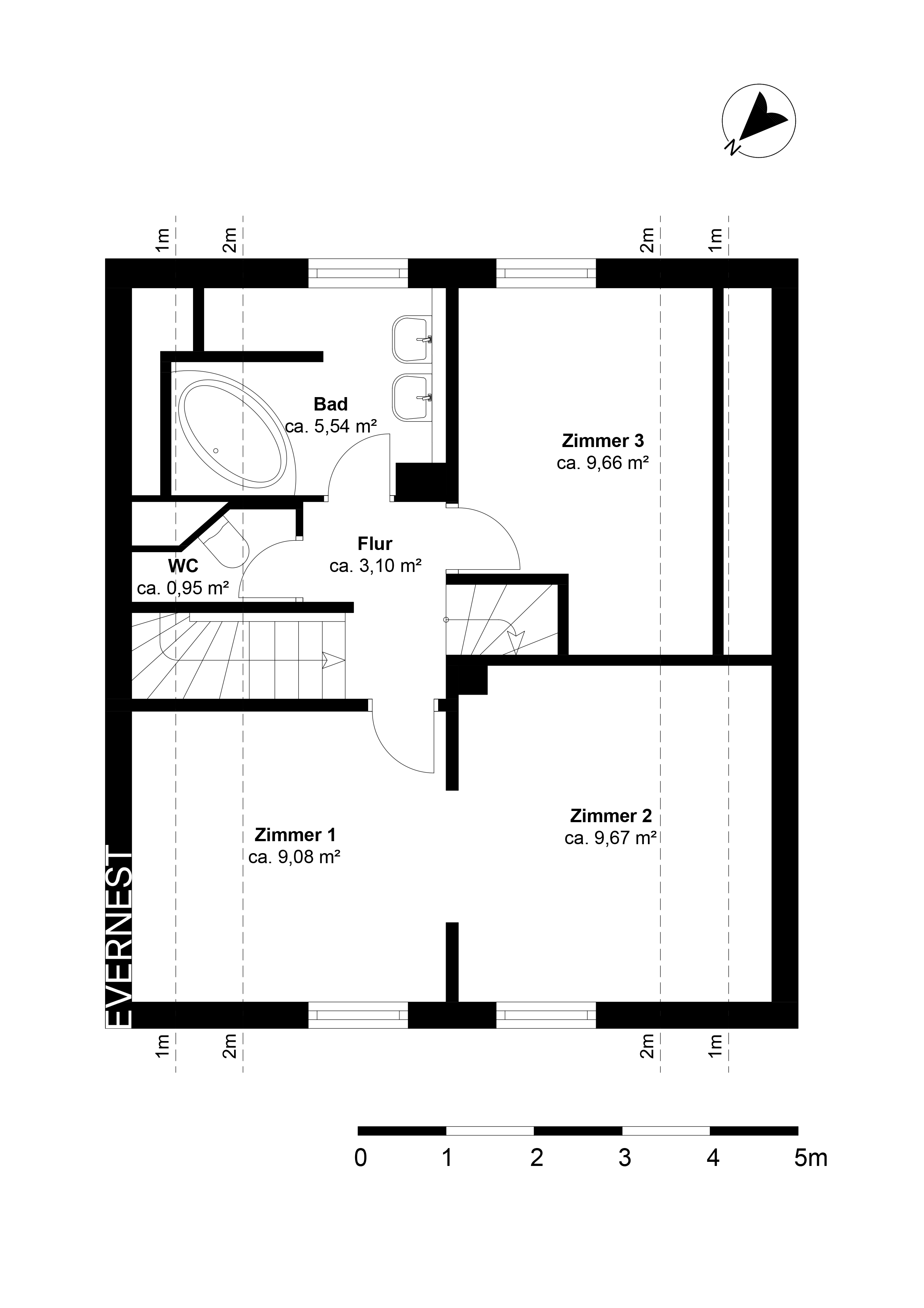 Grundriss mit drei Zimmern, Bad, WC und Flur, Flächenangaben in Quadratmetern.