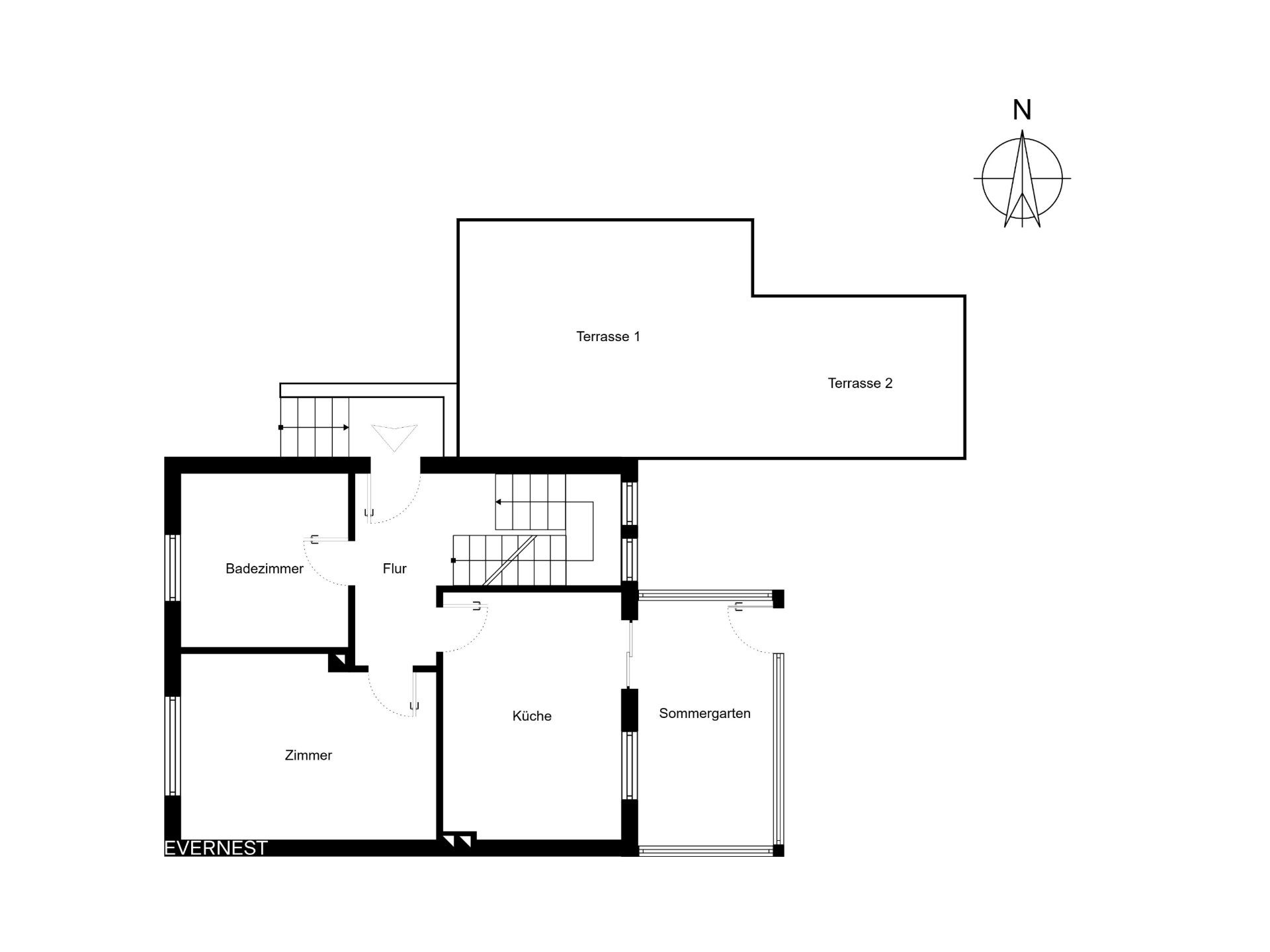 Grundriss mit Zimmer, Küche, Badezimmer, Flur, Wintergarten und zwei Terrassen.