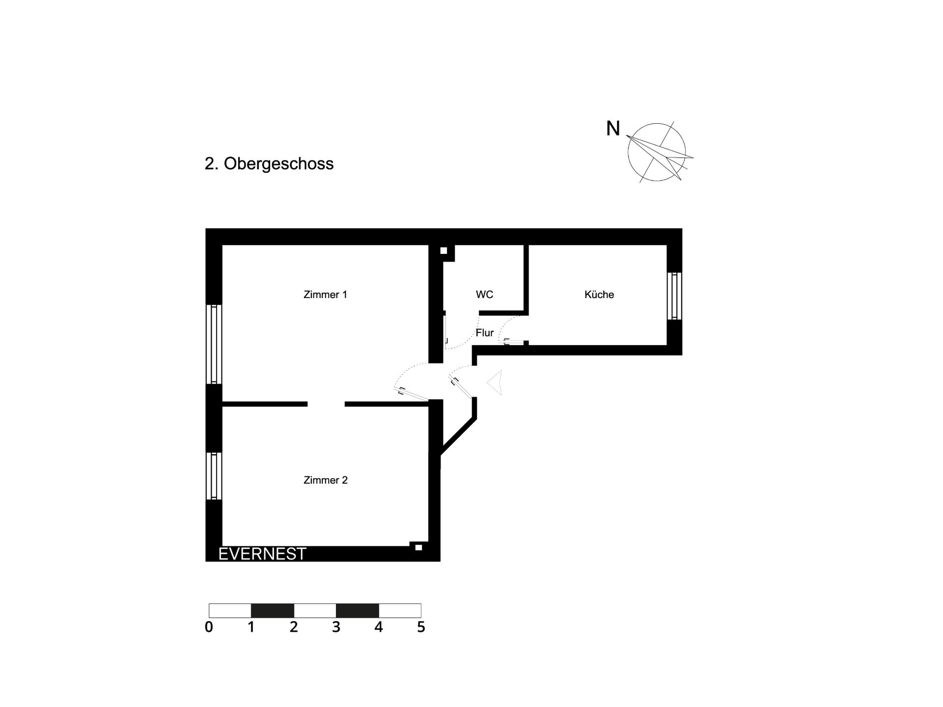 Grundriss mit zwei Zimmern, Küche, WC und Flur im 2. Obergeschoss.