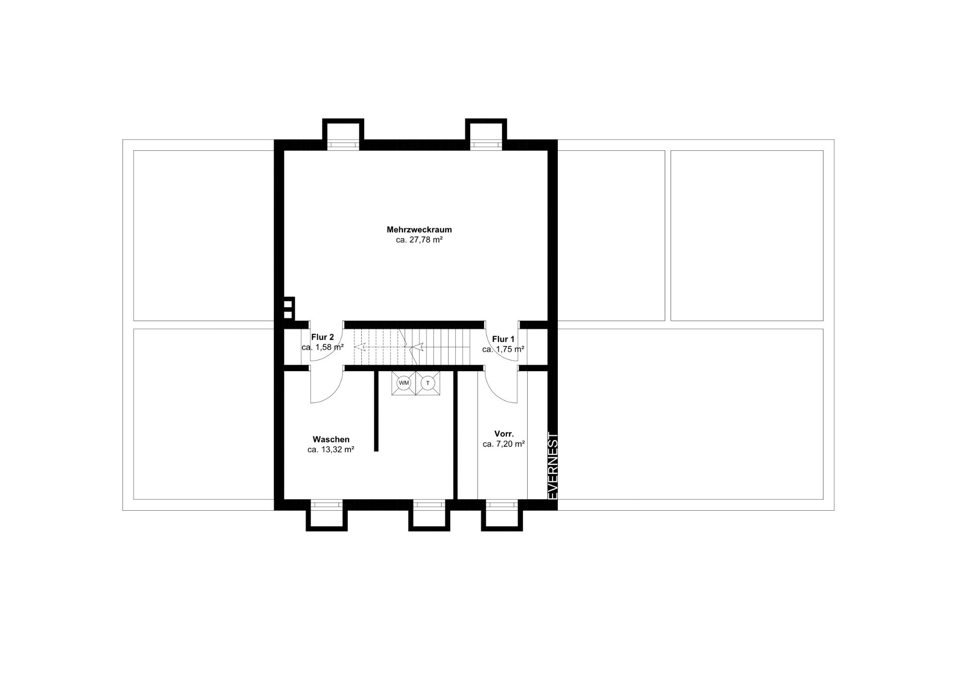 Grundriss eines Kellers mit Mehrzweckraum, Waschraum, Vorratsraum und Fluren.