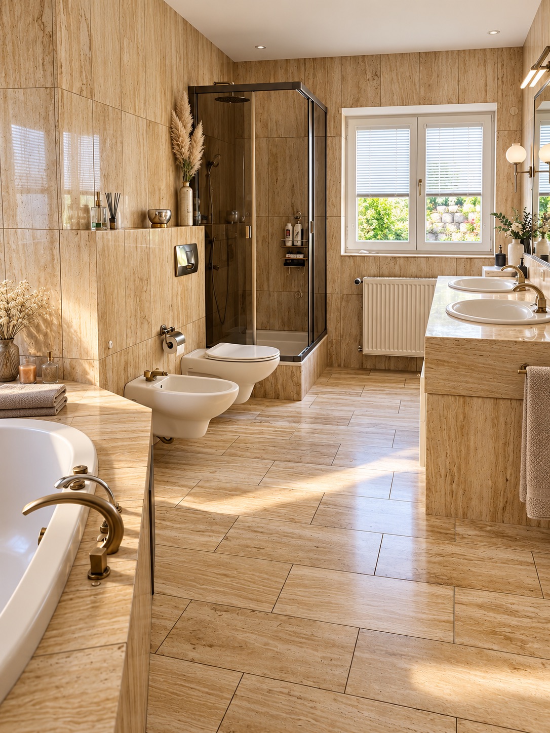 Helles Badezimmer mit Badewanne, Dusche, zwei Waschbecken, WC und Bidet, alles mit beigen Fliesen.