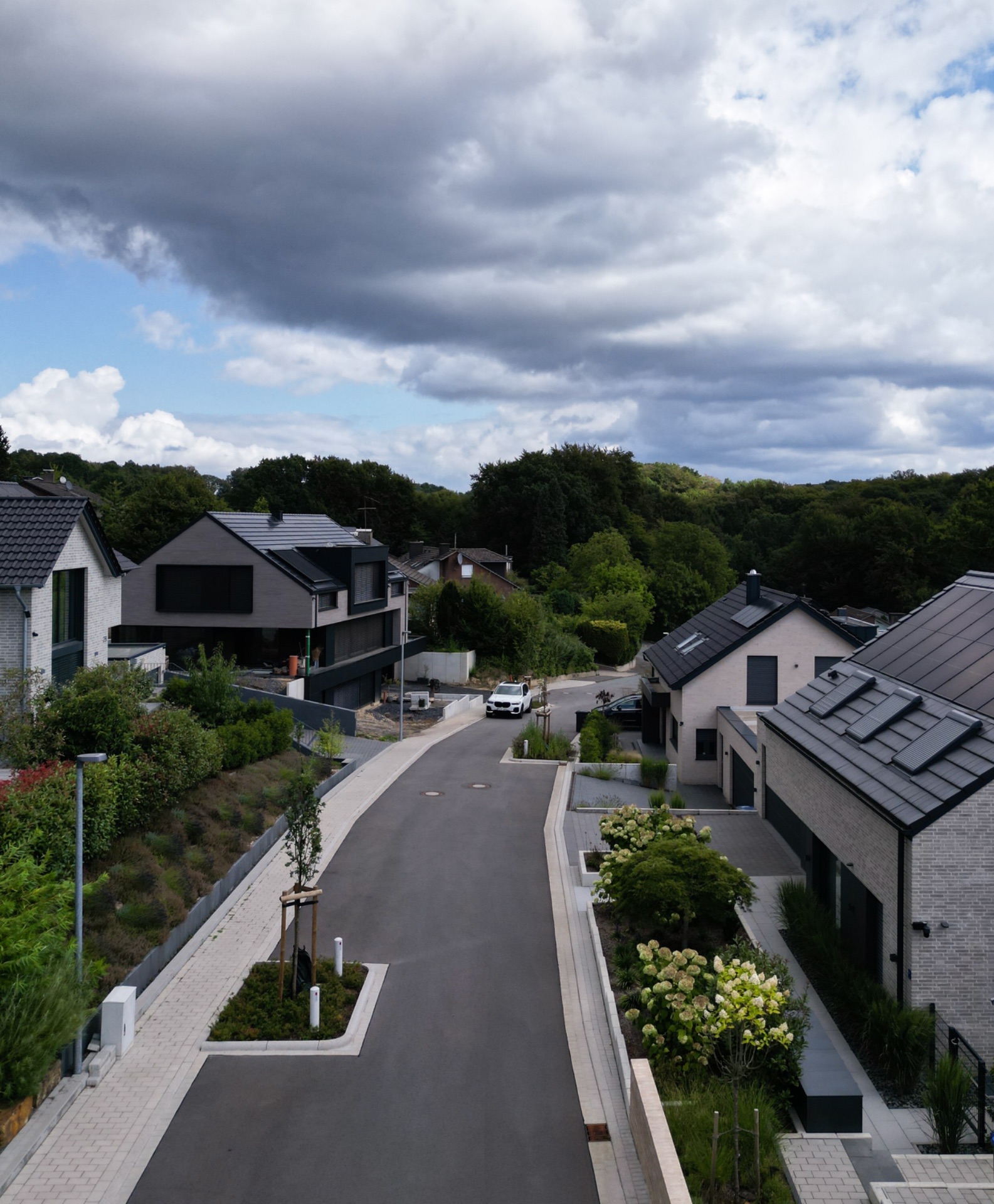 Neue Wohnstraße mit modernen Häusern, Begrünung und einem Auto bei bewölktem Himmel.