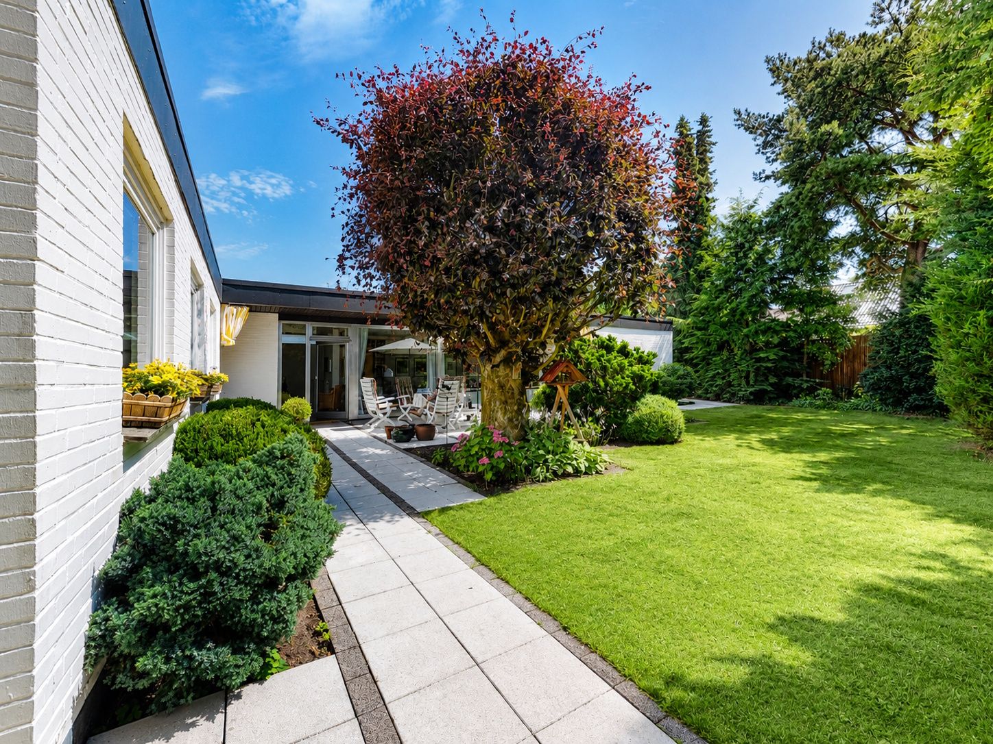 Gepflegter Garten mit Rasen, großem Baum, Terrasse und weißem Wohnhaus im Hintergrund.