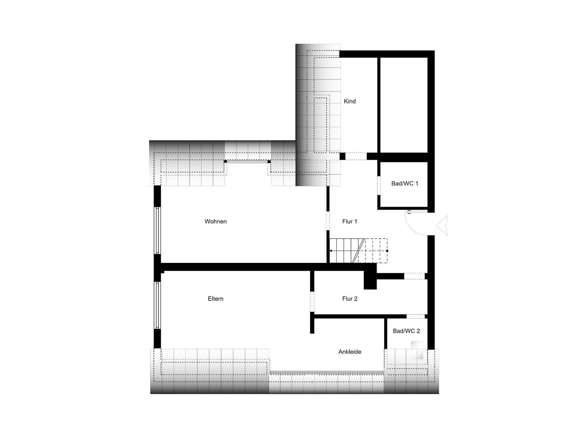 Grundriss mit Räumen: Wohnen, Eltern, Kind, zwei Bäder, Ankleide und Flur.