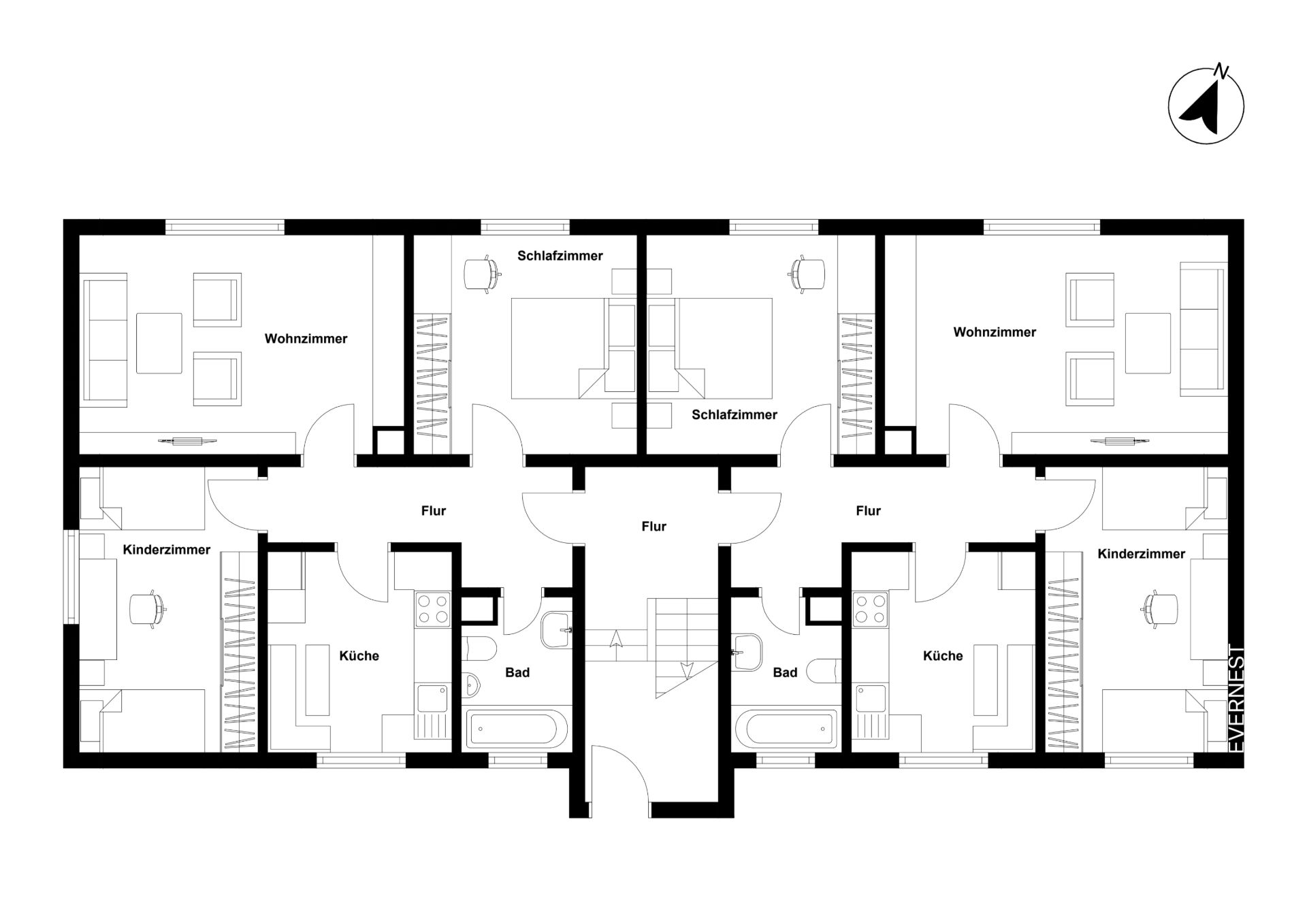 Grundriss einer Wohnung mit Wohnzimmer, Schlafzimmer, Kinderzimmer, Küche und Bad.