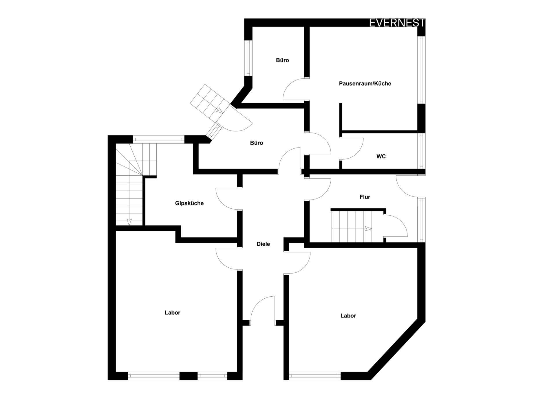 Grundriss mit Büros, Laboren, Küche, WC, Flur, Diele und Treppen.