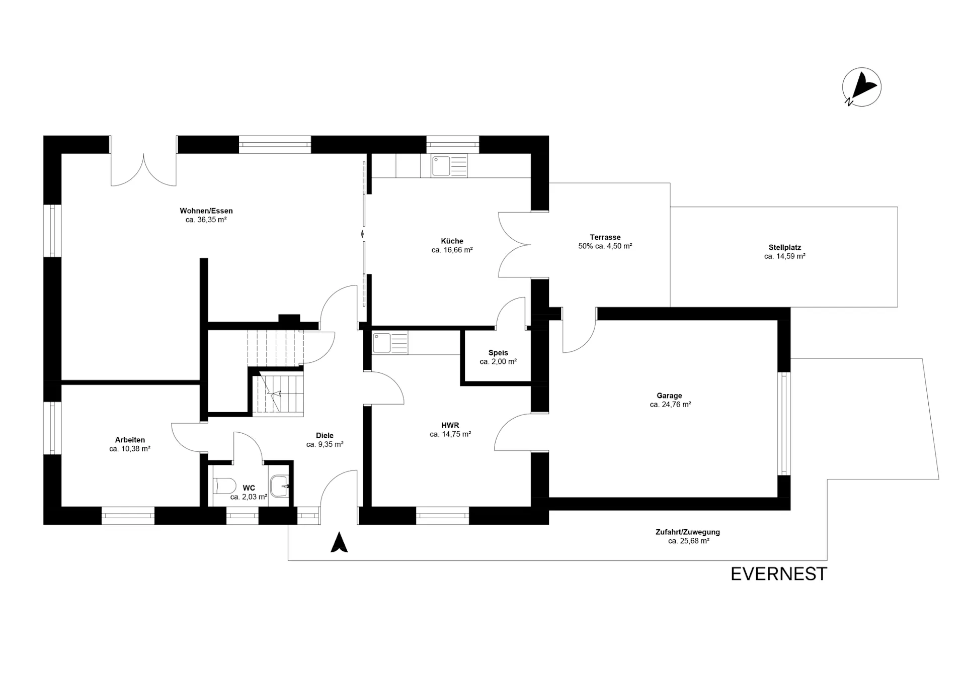 Grundriss eines Wohnhauses mit Garage, Terrasse, Küche, Wohnraum und mehreren weiteren Räumen.