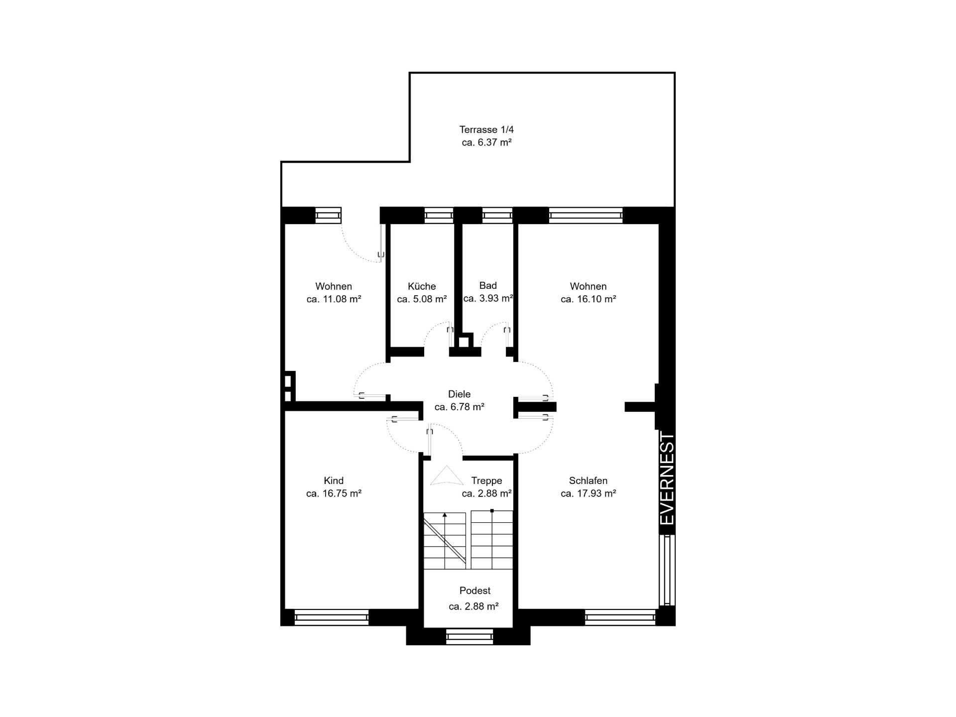 Grundriss mit Räumen wie Wohnen, Küche, Bad, Kind, Schlafen und Terrasse, Maße in Quadratmetern.