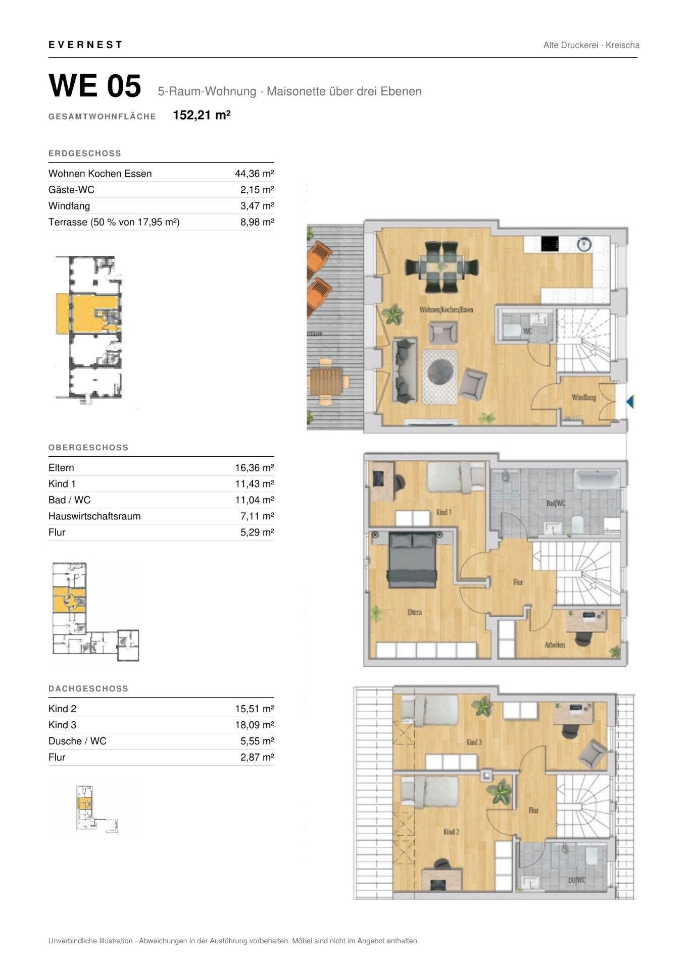 Grundriss einer dreistöckigen Maisonettewohnung mit Wohn-, Schlaf- und Kinderzimmern sowie Bädern und Terrasse.