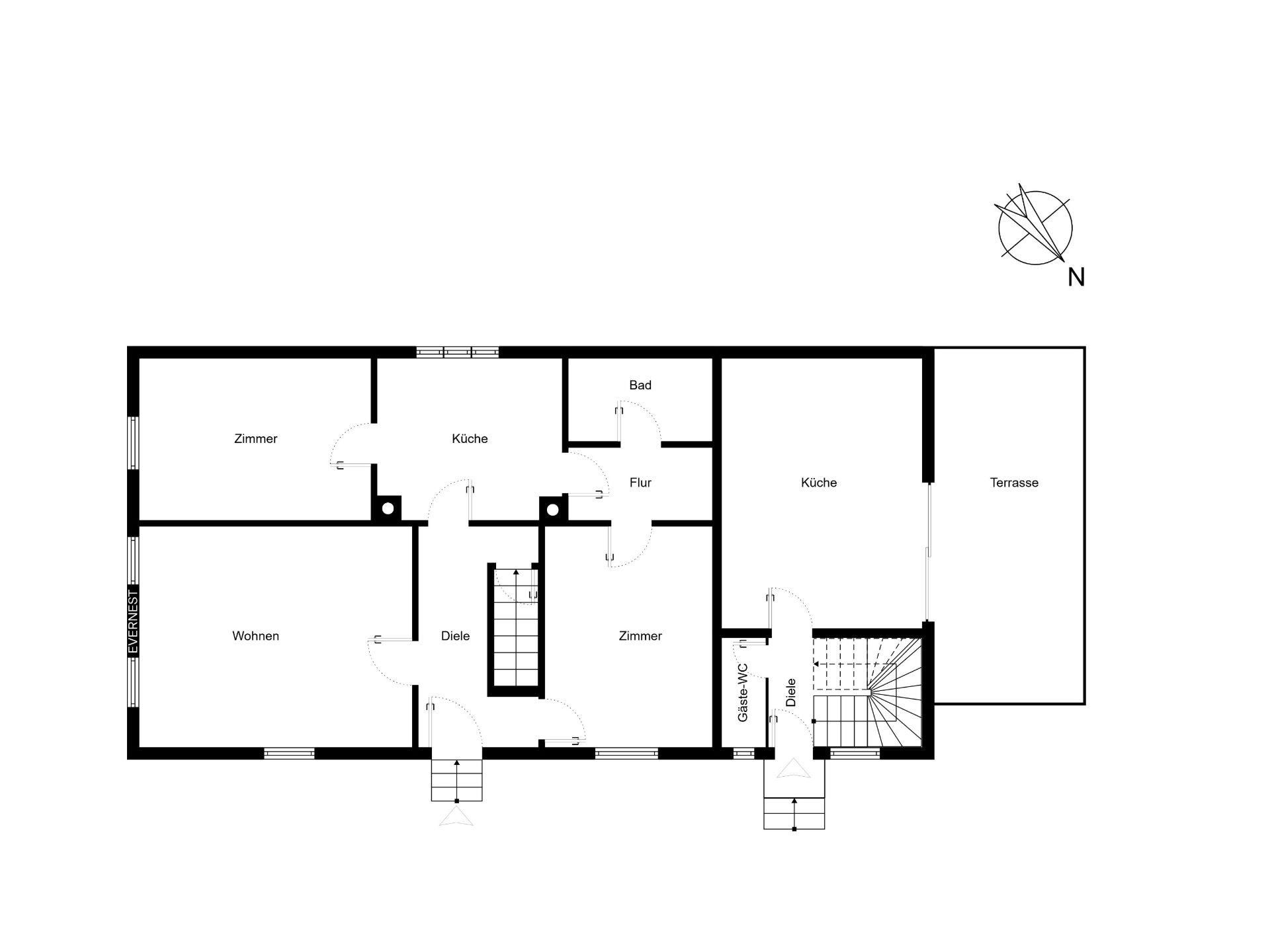 Grundriss einer Wohnung mit Zimmern, zwei Küchen, Bad, Gäste-WC, Flur, Diele und Terrasse.