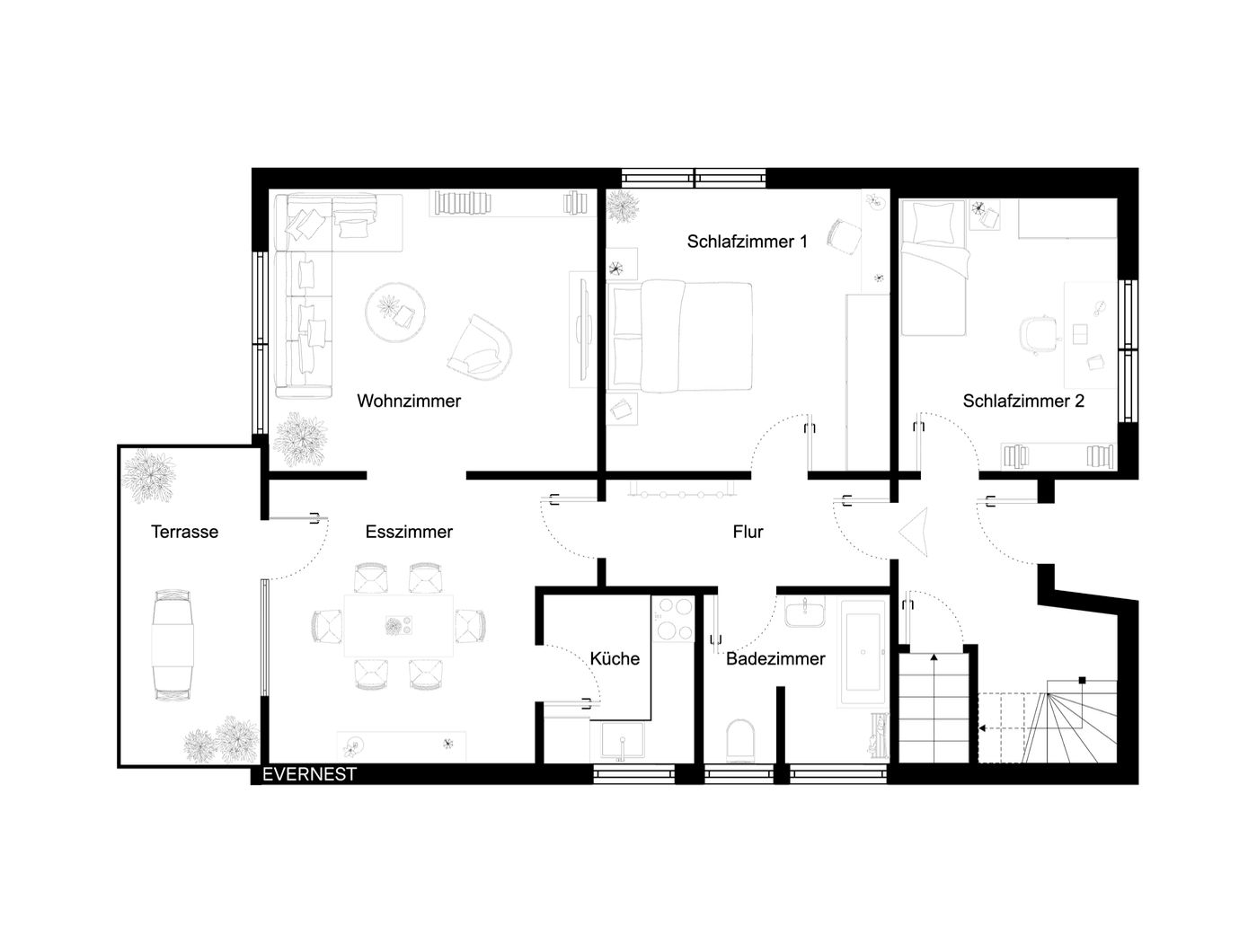 Grundriss mit Wohnzimmer, zwei Schlafzimmern, Esszimmer, Küche, Bad, Flur und Terrasse.