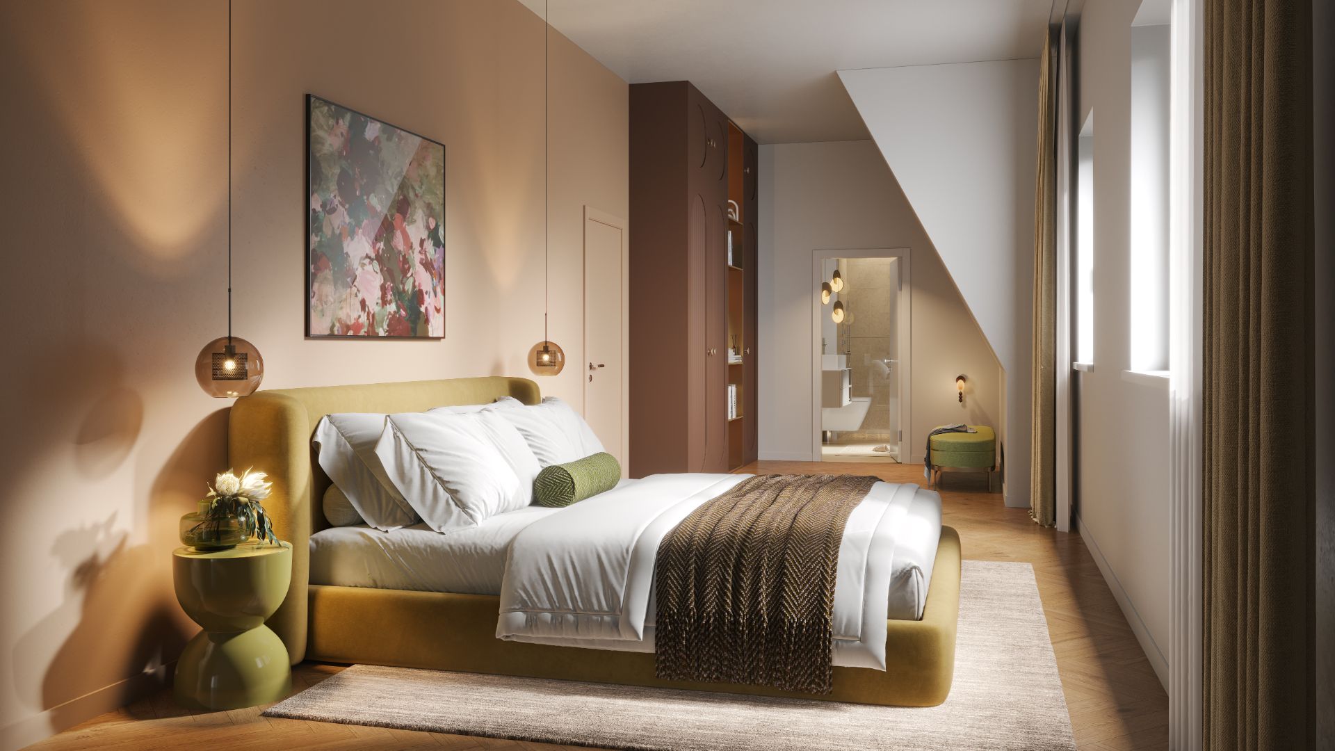 Modernes Schlafzimmer mit großem Bett, Nachttisch, Hängelampen und Zugang zum Badezimmer.