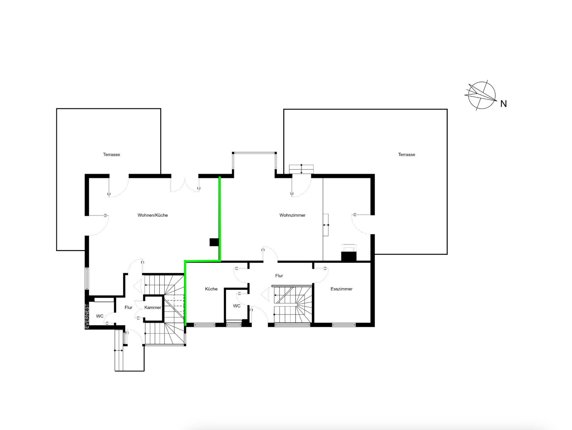 Grundriss eines Wohnhauses mit mehreren Zimmern, zwei Terrassen und Treppenhaus.
