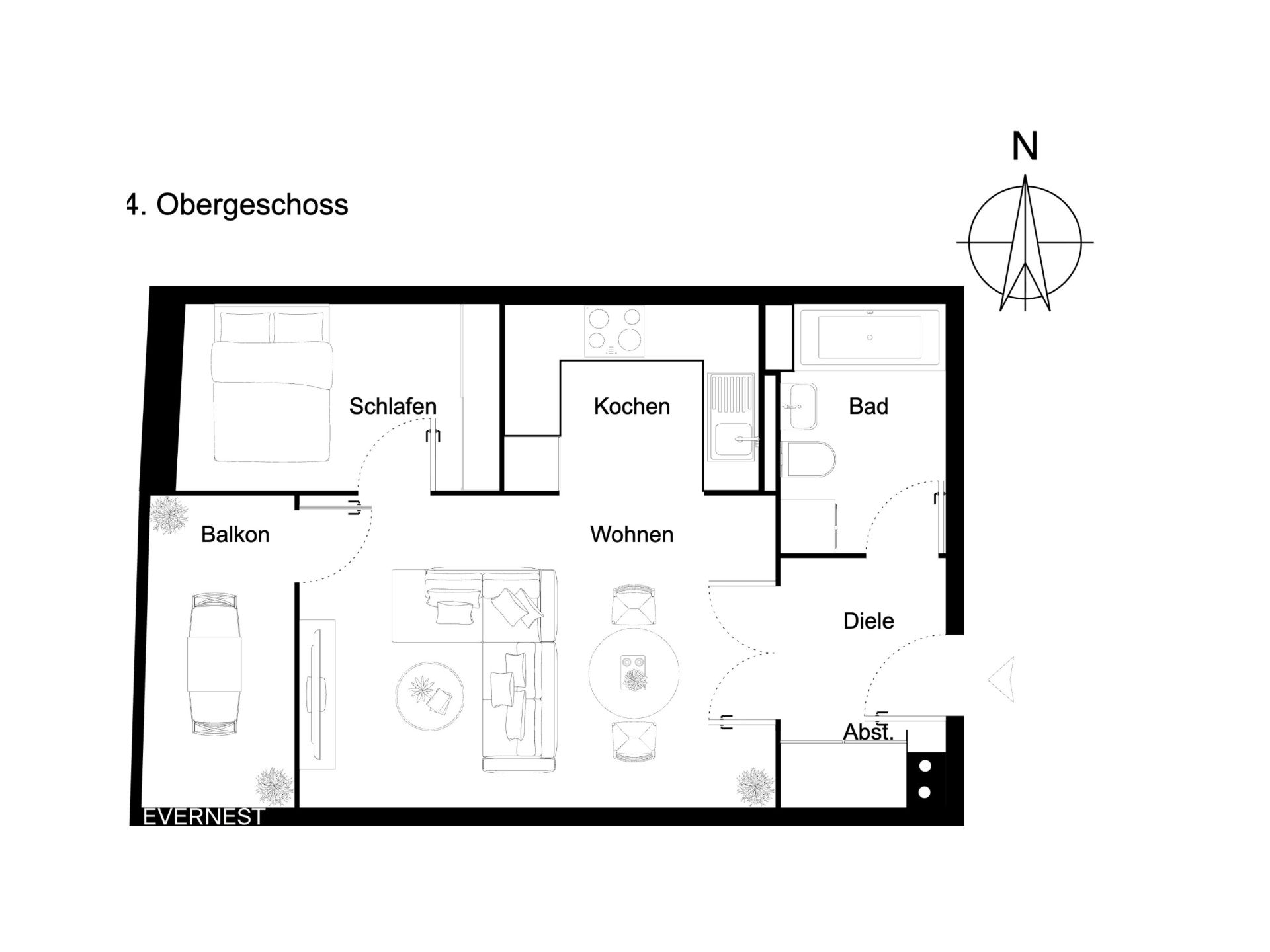 Grundriss einer Wohnung mit Schlafzimmer, Küche, Bad, Wohnzimmer, Diele, Abstellraum und Balkon.