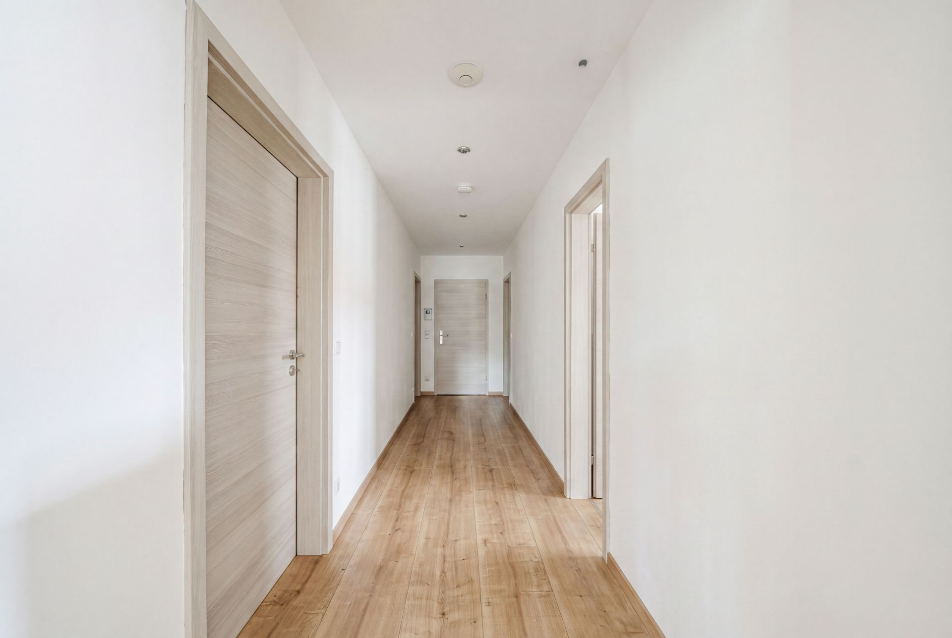 Heller Flur mit Holzboden und mehreren Türen in einer Wohnung.