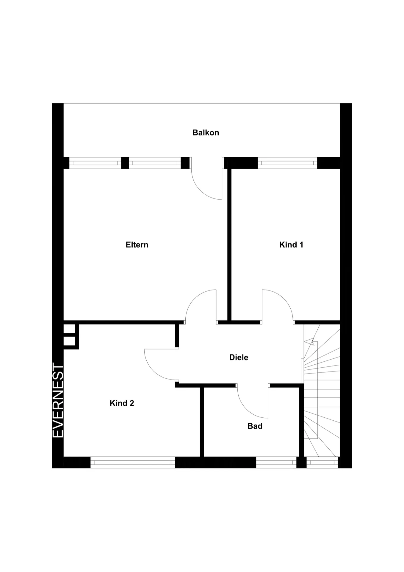 Grundriss mit Elternzimmer, zwei Kinderzimmern, Bad, Diele und Balkon.