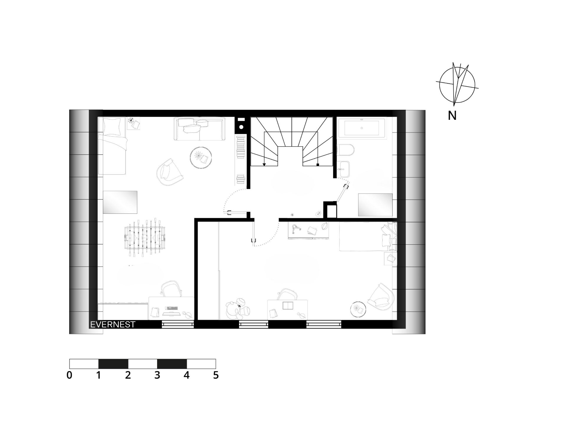 Grundriss eines Wohnbereichs mit mehreren Zimmern, Möbeln und zentraler Treppe.